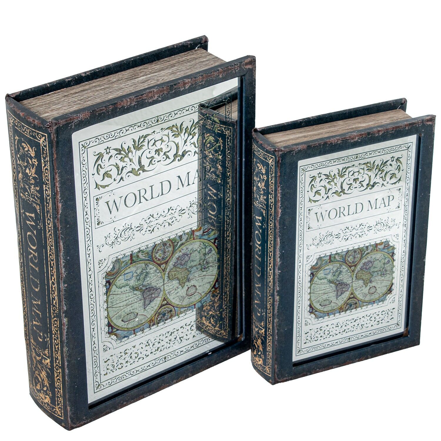 Set aus 2 MDF-Bücherboxen mit Spiegel und Samt-Innenausstattung, 30x20x7 und 24x16x5cm ST39032