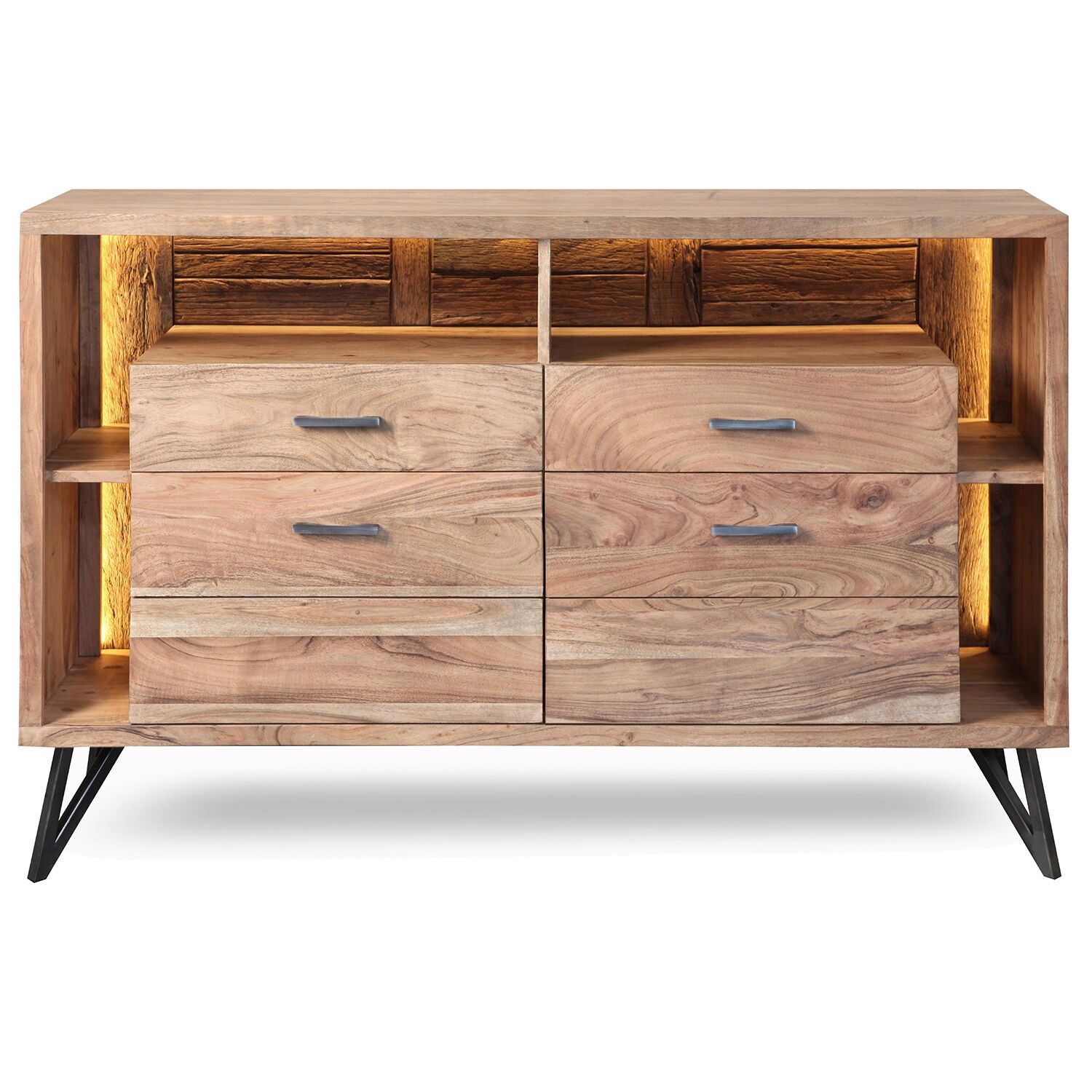Sideboard aus Akazienholz mit 4 Schubladen mit LED-Beleuchtung, Eisenbeine, 145 x 40 x 94 cm, ST39474
