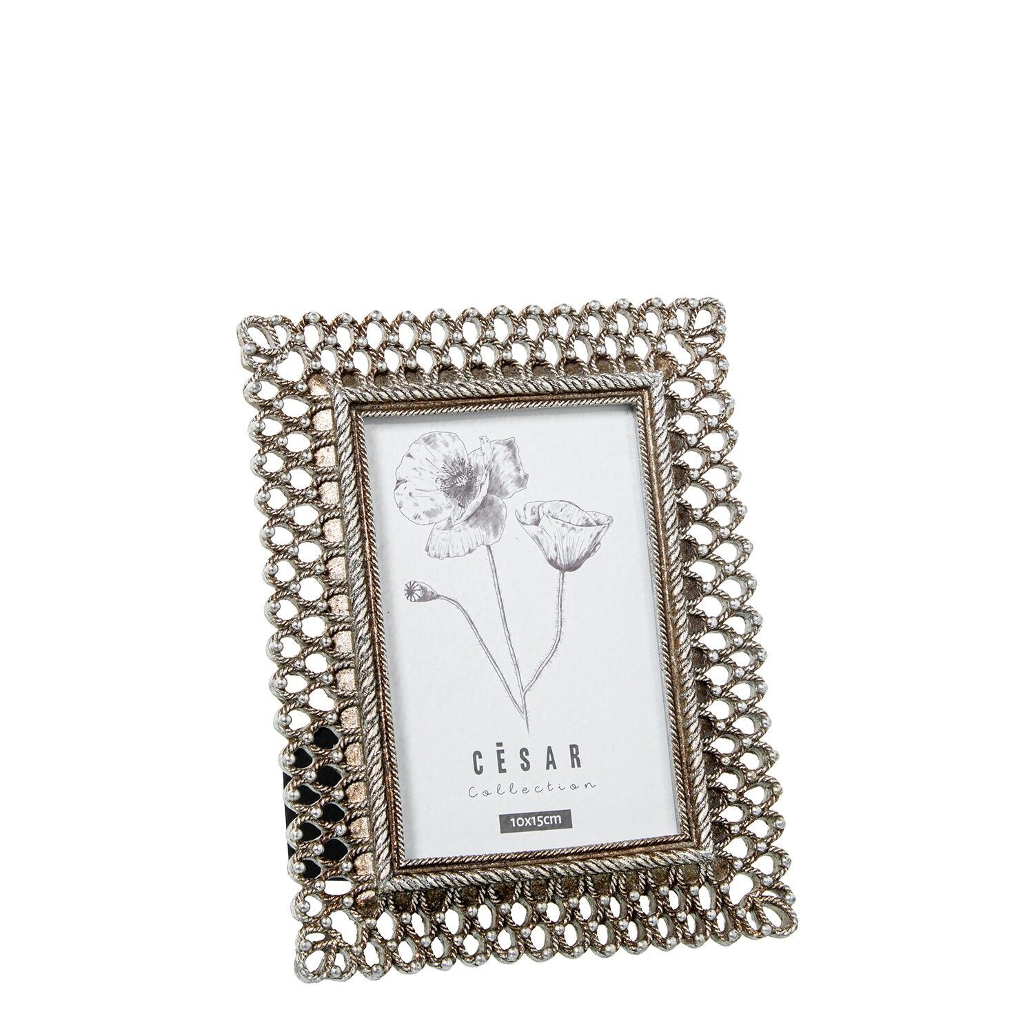 Bilderrahmen aus Kunstharz, 10x15cm, silber, durchbrochen, ext: 16, 5x1, 2x21cm ST39530