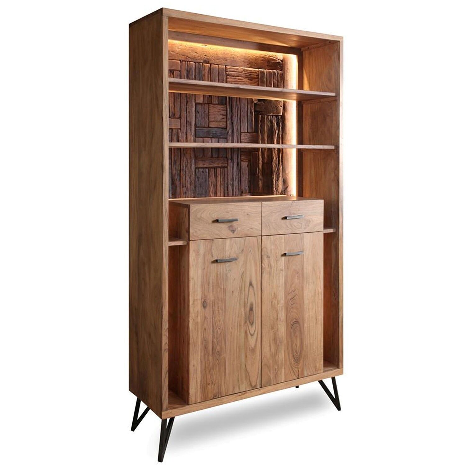 Eingangsschrank aus Akazienholz mit 2 Schubladen und 2 Türen mit LED-Beleuchtung, 115 x 40 x 195 cm, Eisenbeine ST39477
