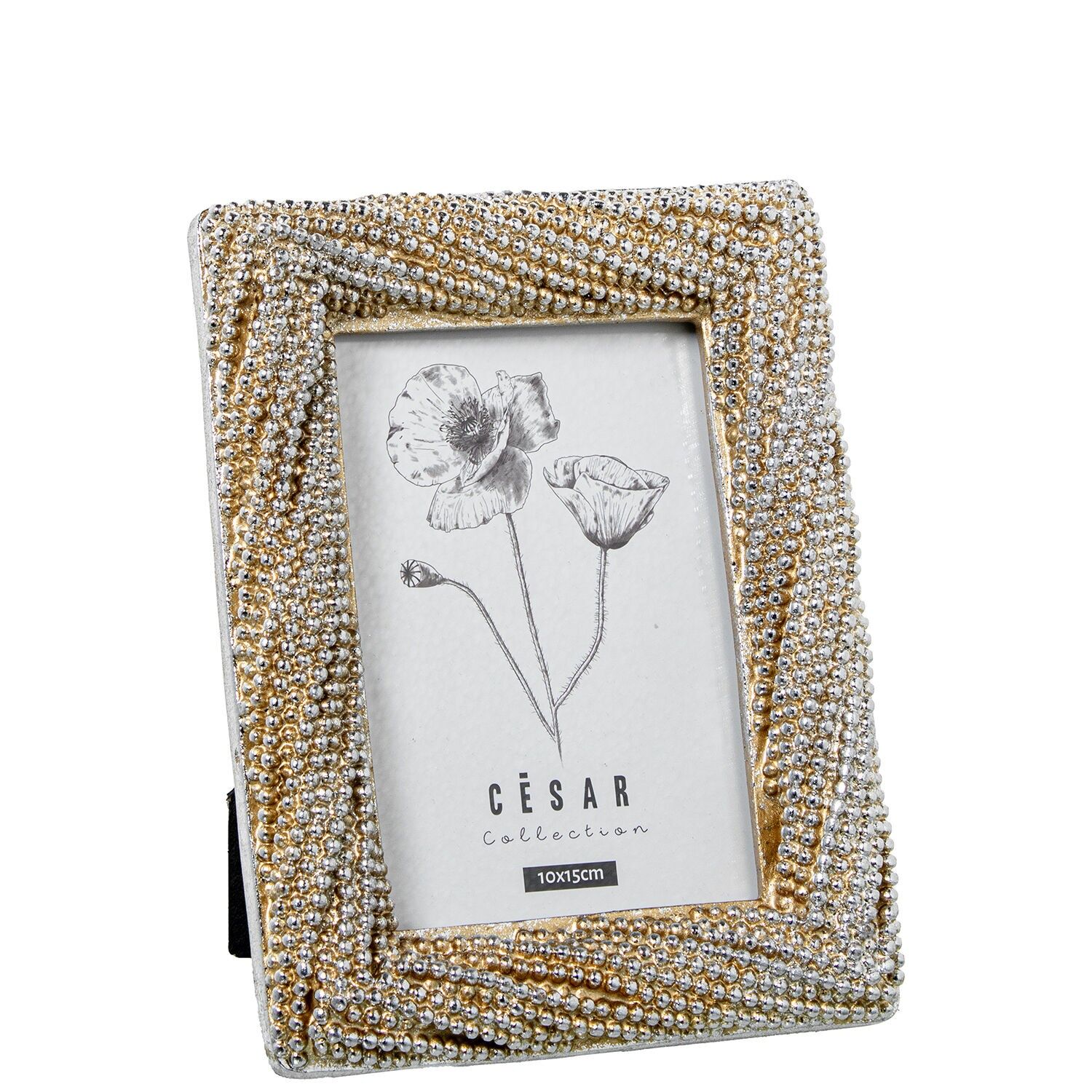 Bilderrahmen aus Kunstharz, 10x15cm, silberfarben mit Perlen, Erweiterung: 16x3, 3x21cm, ST39542