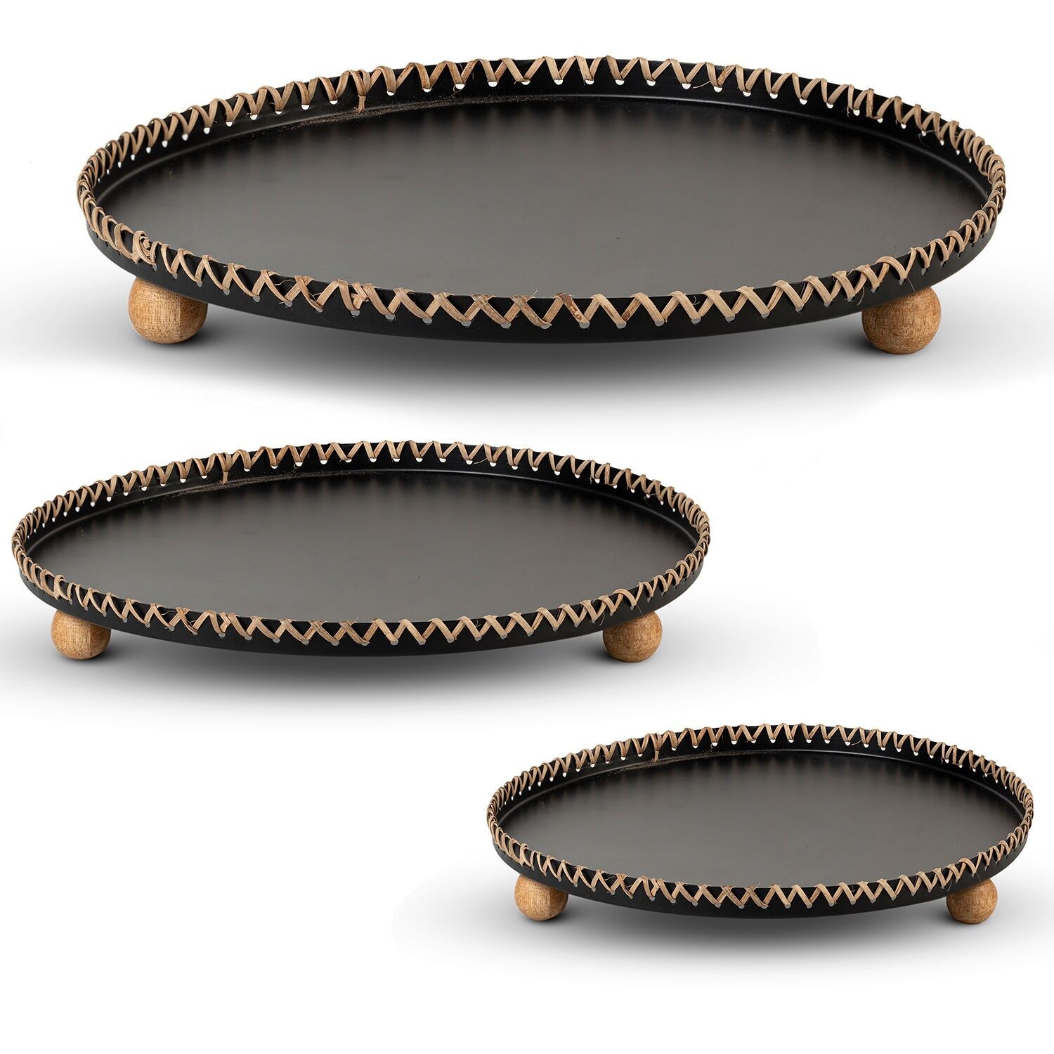 Set of 3 round black iron trays with wooden legs, decorative 30x4, 25x4, and 20x4cm ST39577