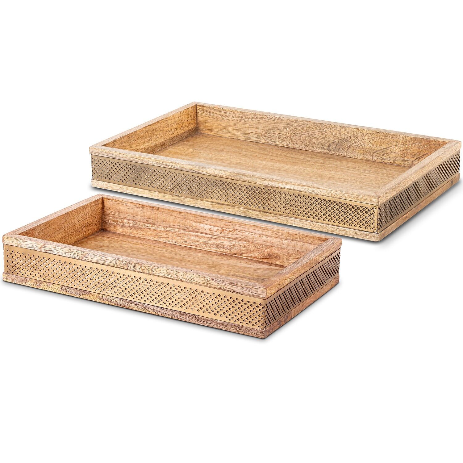 Set of 2 decorative rectangular wooden and gold-plated metal trays, 38x23x5 and 30x20x5cm ST39579