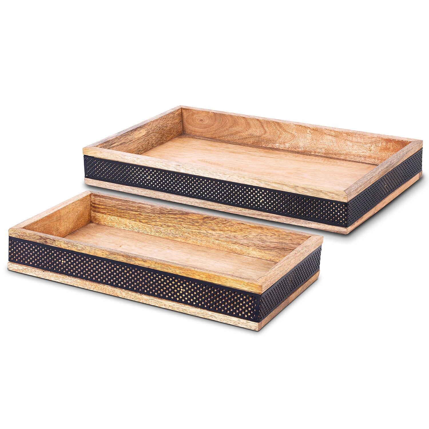 Set of 2 decorative rectangular wooden and black metal trays, 38x23x5 and 30x20x5cm ST39580