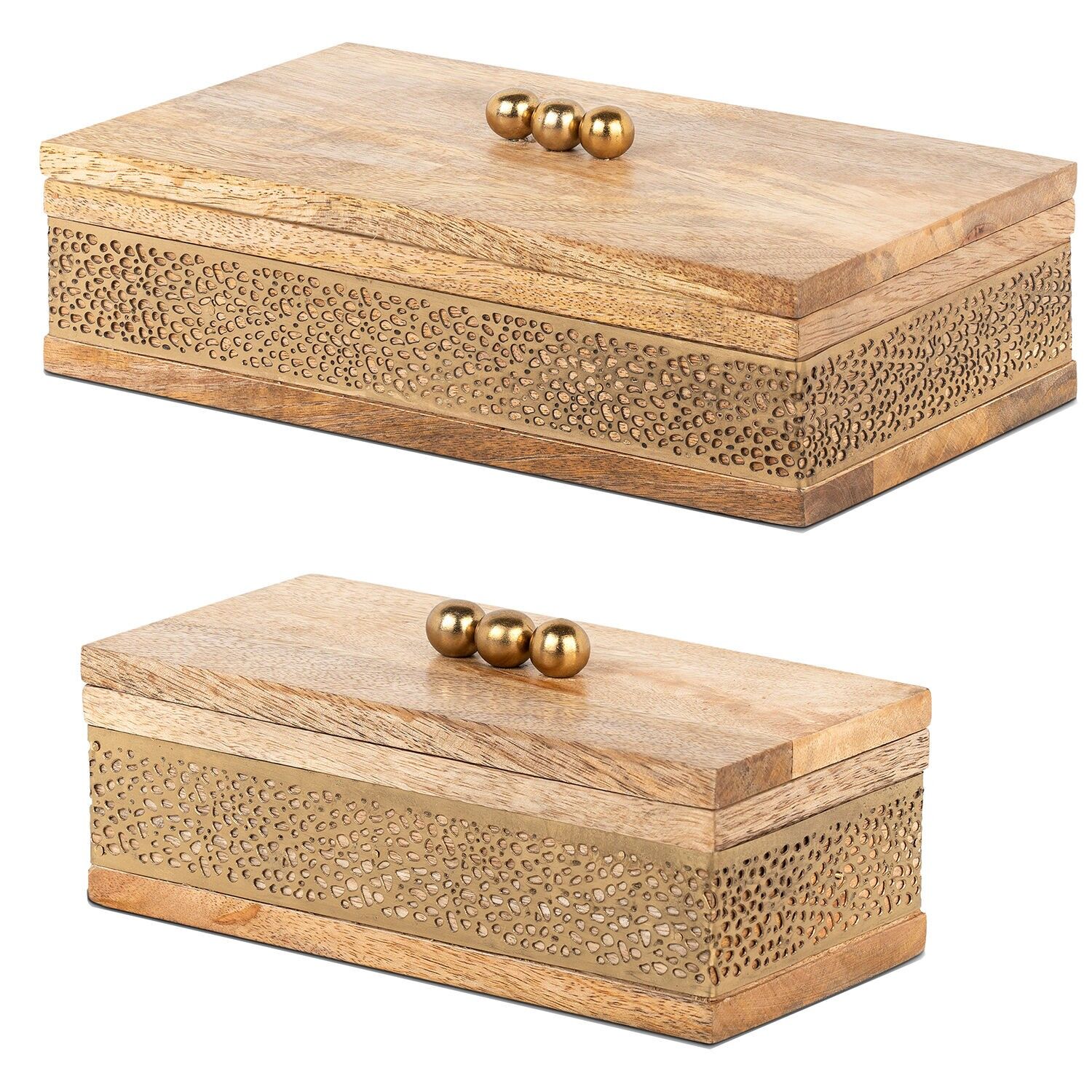 Set aus 2 Holzkisten, goldfarbenes Metall, 26x15x8 und 20x10x8cm ST39572