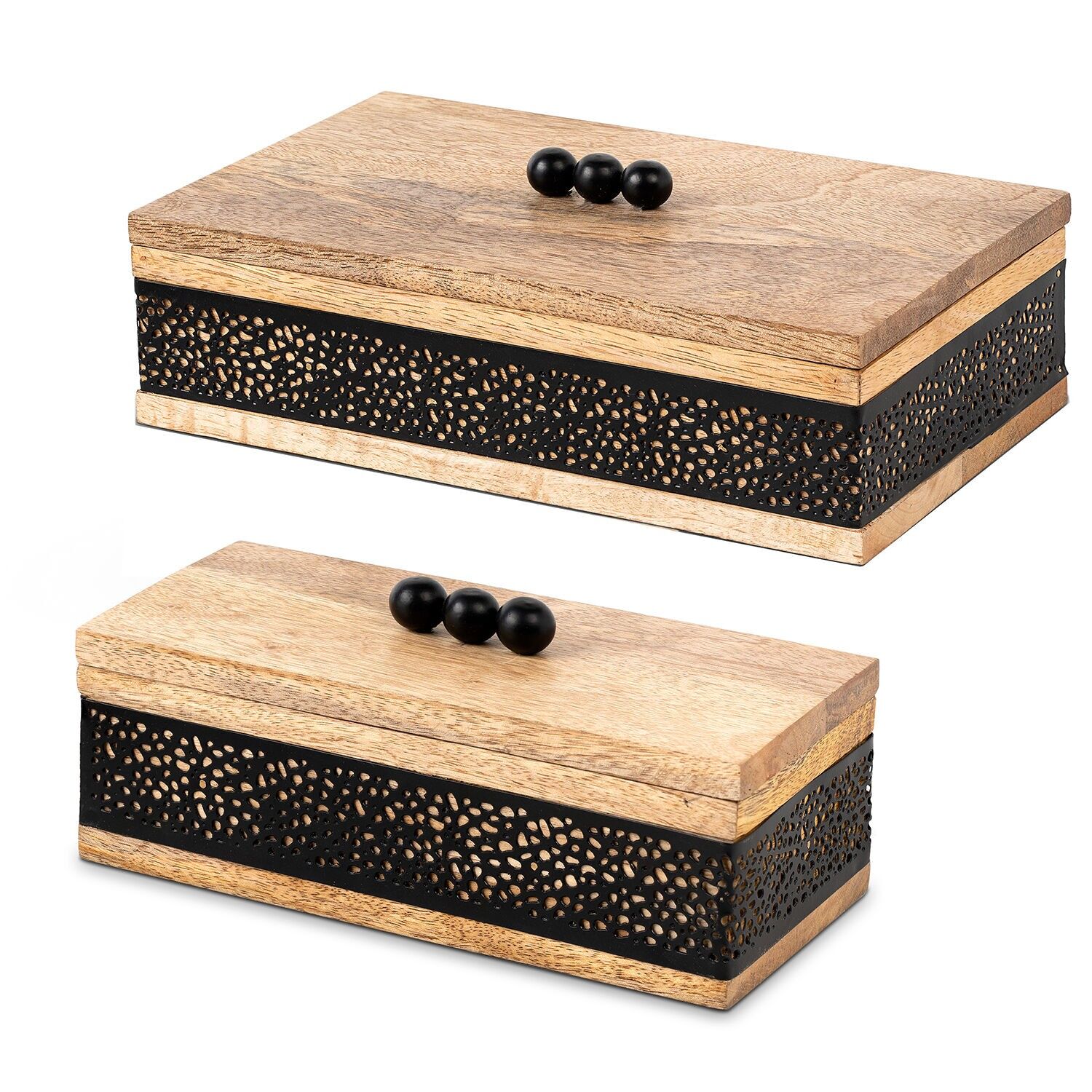 Set aus 2 Holzkisten, schwarzes Metall, 26x15x8 und 20x10x8cm ST39573