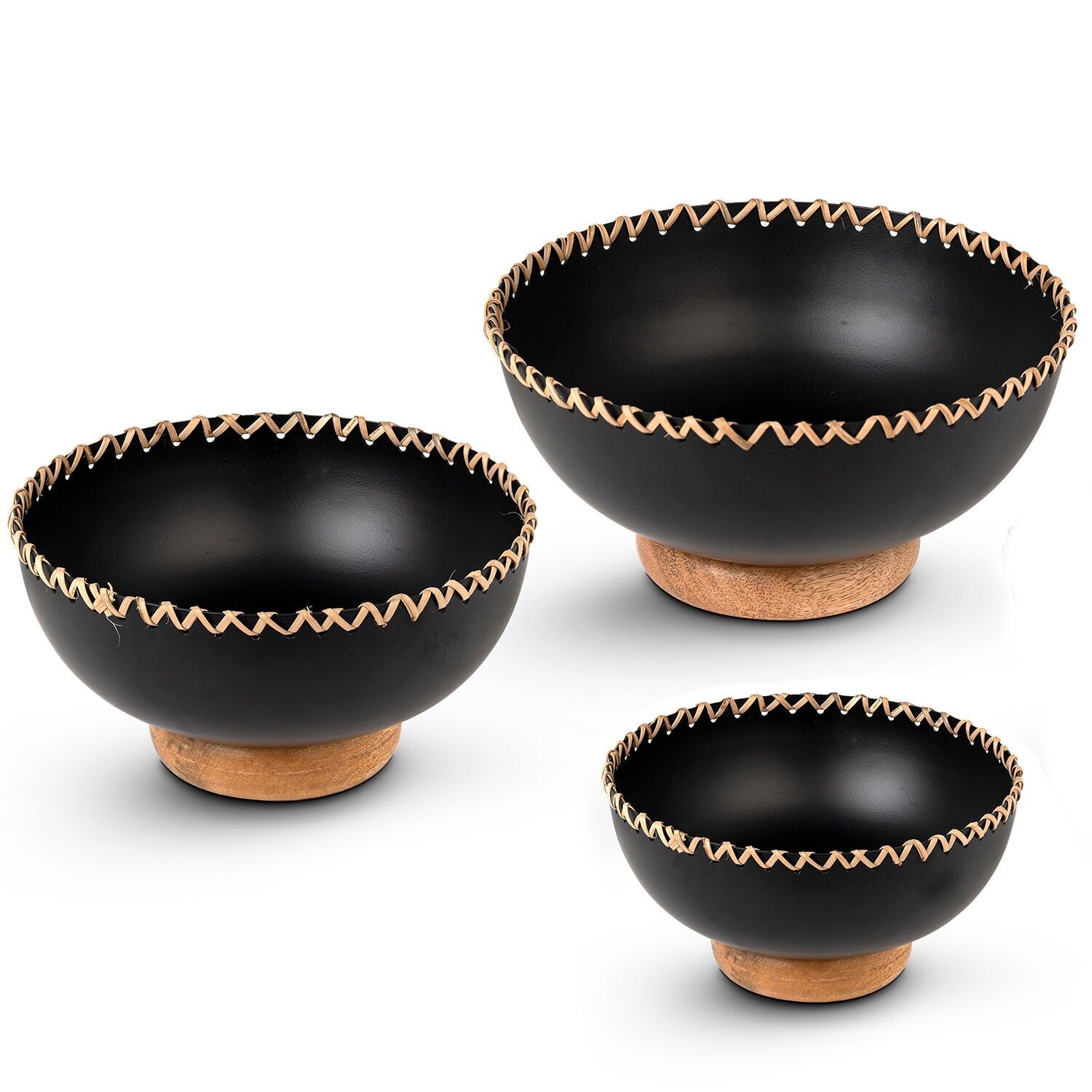 Set aus 3 dekorativen Tischdekorationen aus schwarzem Eisen mit Holzsockel, 20x9, 18x9 und 15x9 cm ST39585