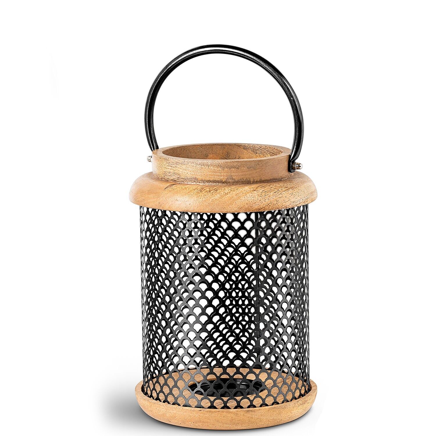 Kerzenlaterne 24 cm, Holz, schwarzes Metall 16 x 24 cm ST39587