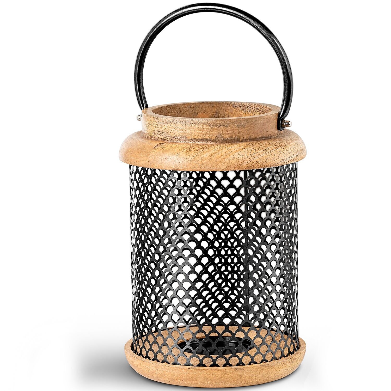 Kerzenlaterne 28 mm Holz, schwarzes Metall 19x28cm ST39584