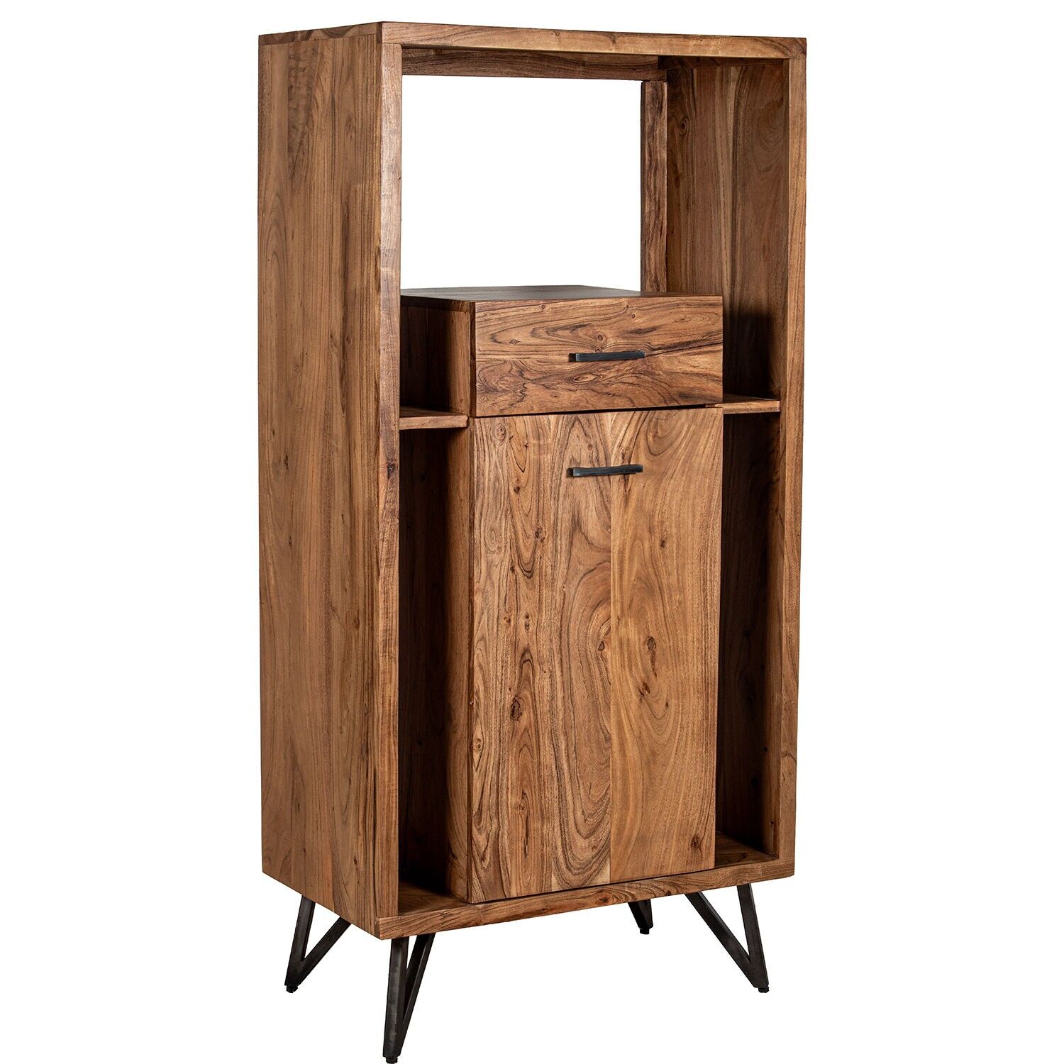 Eingangsschrank aus Akazienholz mit Schublade und Tür, Eisenbeine, 150 x 72 x 40 cm, ST39589