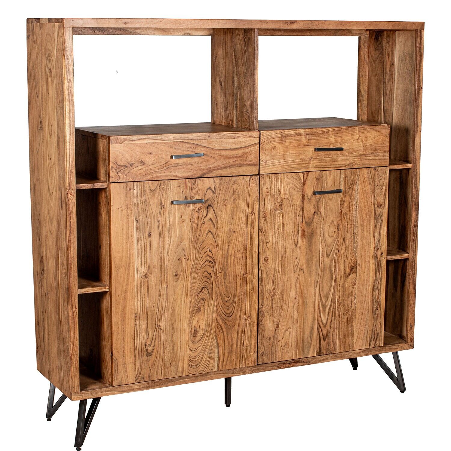 Eingangstisch aus Akazienholz mit 2 Schubladen und 2 Türen, Eisenbeine, 150 x 145 x 40 cm ST39591