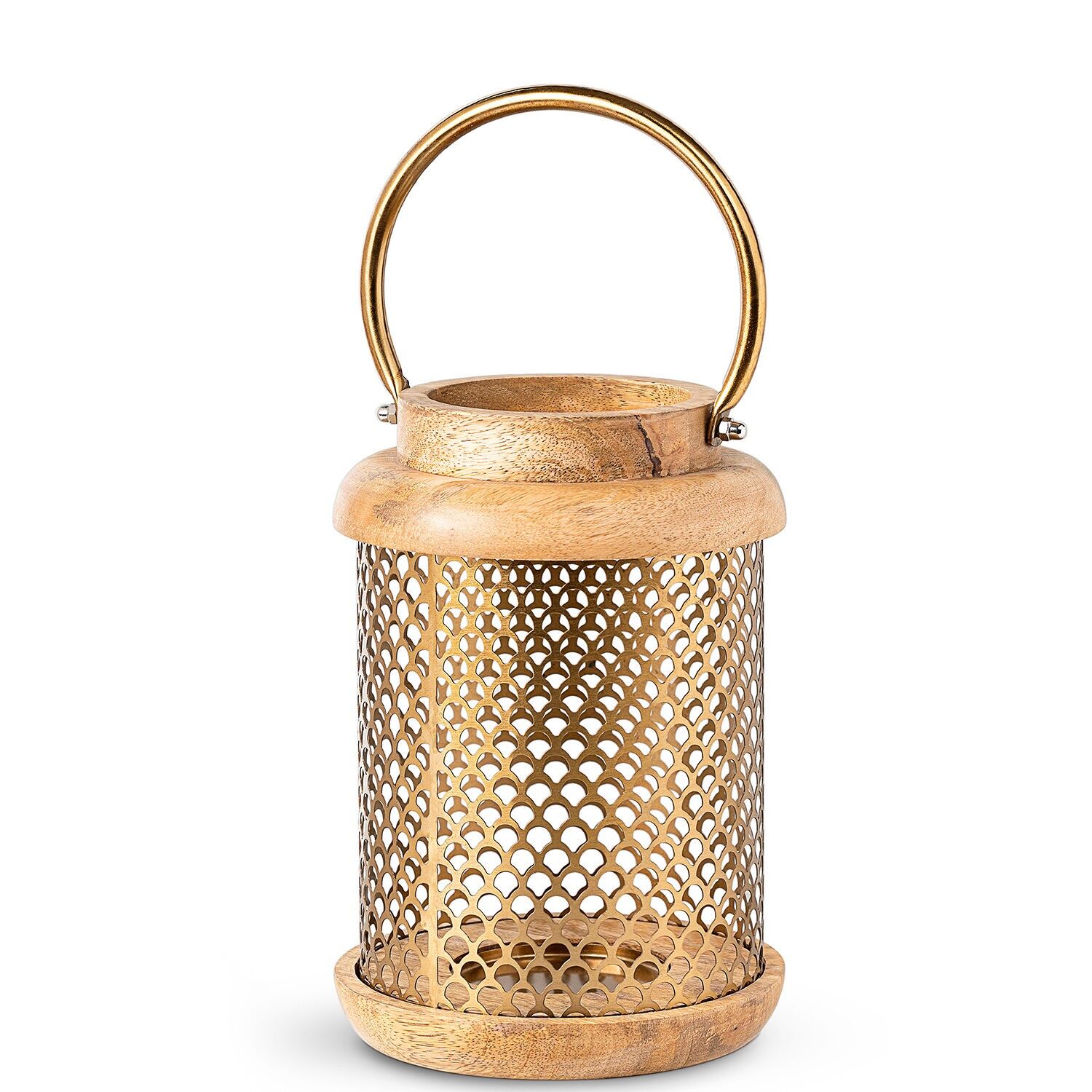 Kerzenhalterlaterne 24 cm, Holz, goldfarbenes Metall 16 x 24 cm ST39586