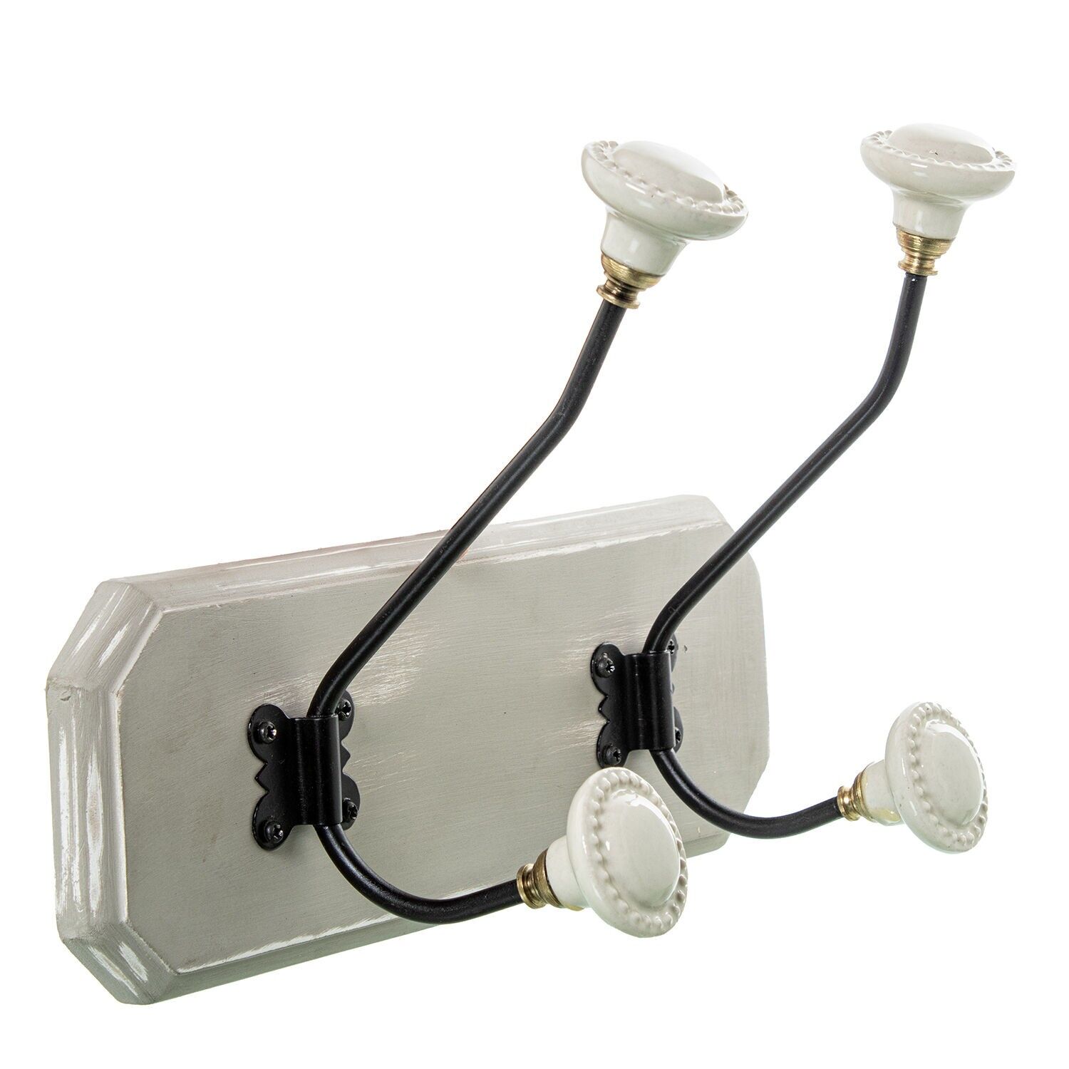 Wandgarderobe aus Mangoholz mit 2 Haken aus Eisen und Keramik, 28 x 14 x 19 cm, Sockel: 28 x 2 x 10 cm, ST39811