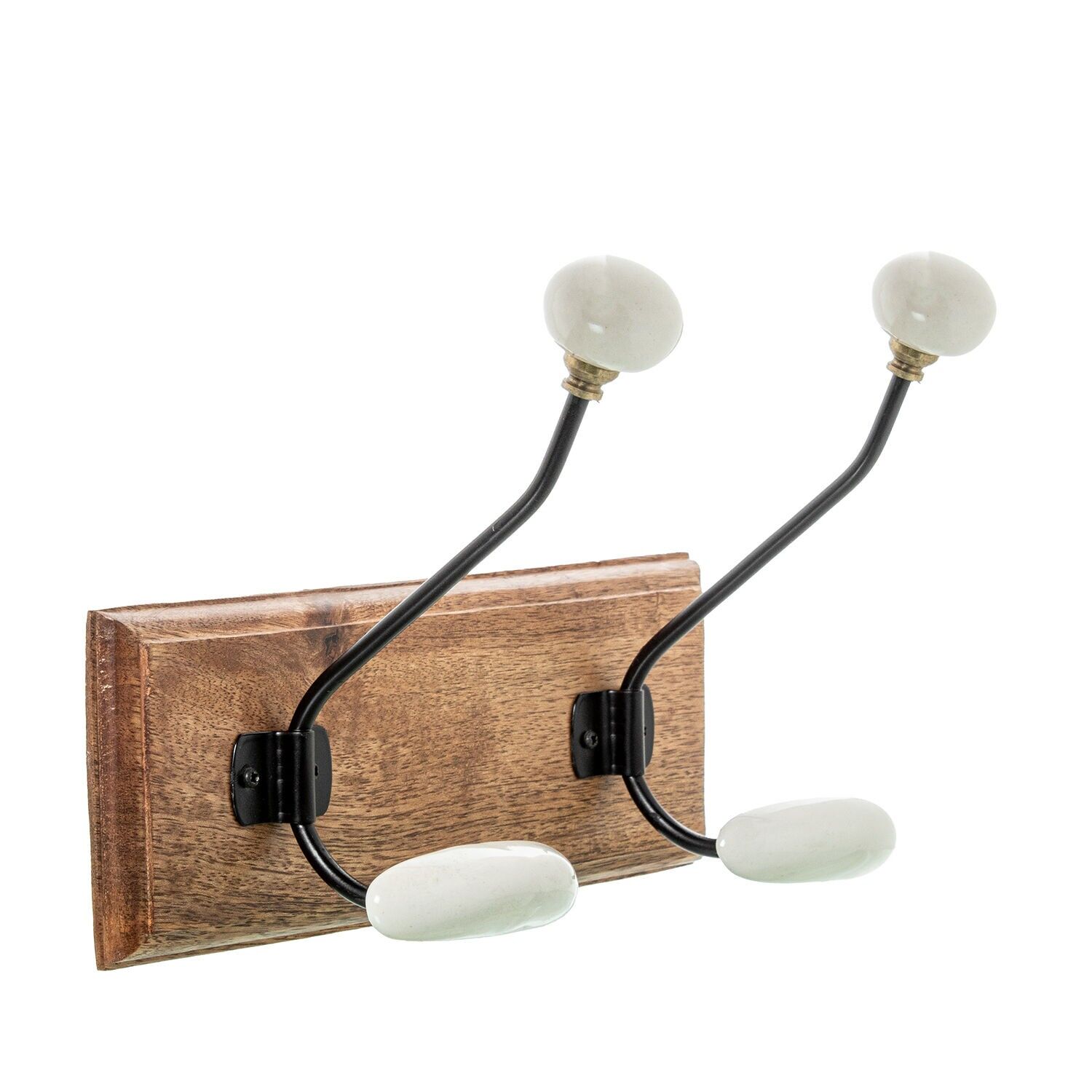 Wandgarderobe aus Mangoholz mit 2 Haken aus Eisen und Keramik, 28 x 14 x 19 cm, Sockel: 28 x 2 x 10 cm, ST39813