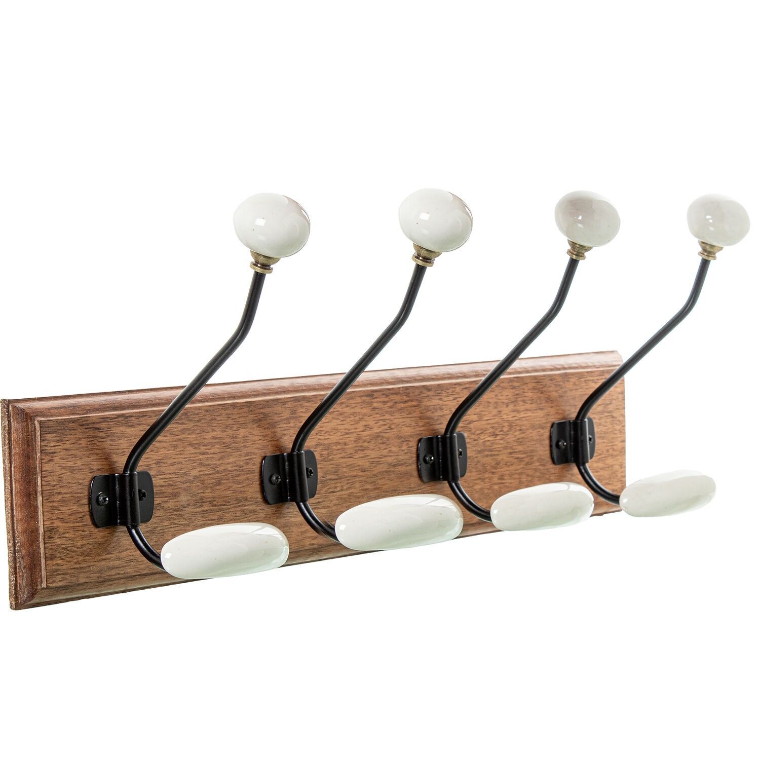 Wandgarderobe aus Mangoholz mit 4 Haken aus Eisen und Keramik, 48 x 14 x 19 cm, Sockel: 48 x 2 x 10 cm, ST39814