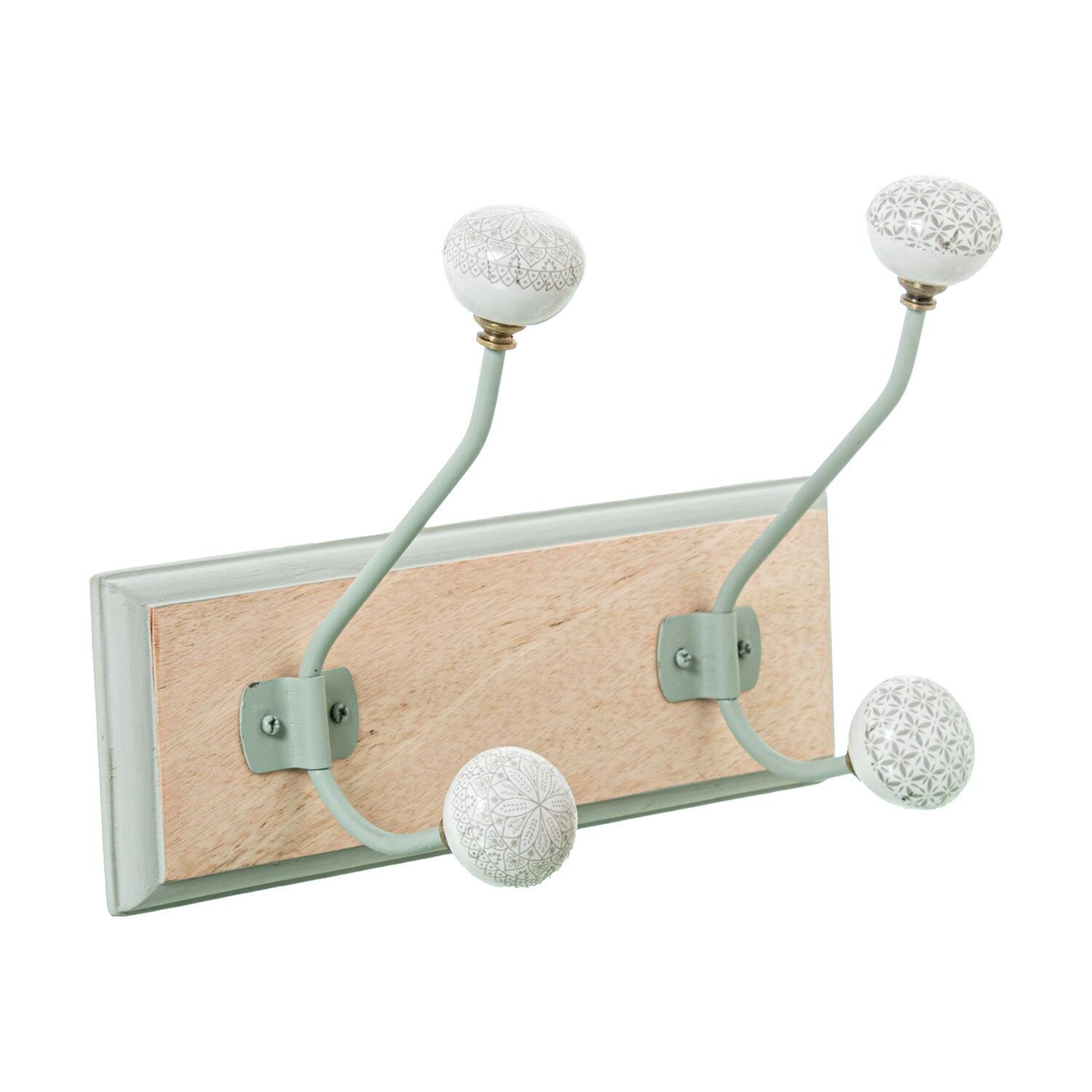 Wandgarderobe aus Mangoholz mit 2 Haken aus Eisen und Keramik, 28 x 14 x 19 cm, Sockel: 28 x 2 x 10 cm, ST39815