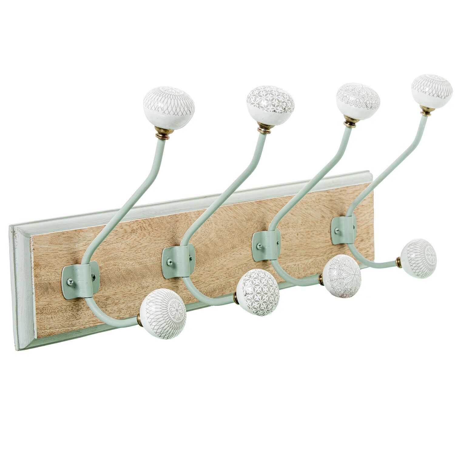 Wandgarderobe aus Mangoholz mit 4 Haken aus Eisen und Keramik, 48 x 14 x 19 cm, Sockel: 48 x 2 x 10 cm, ST39816