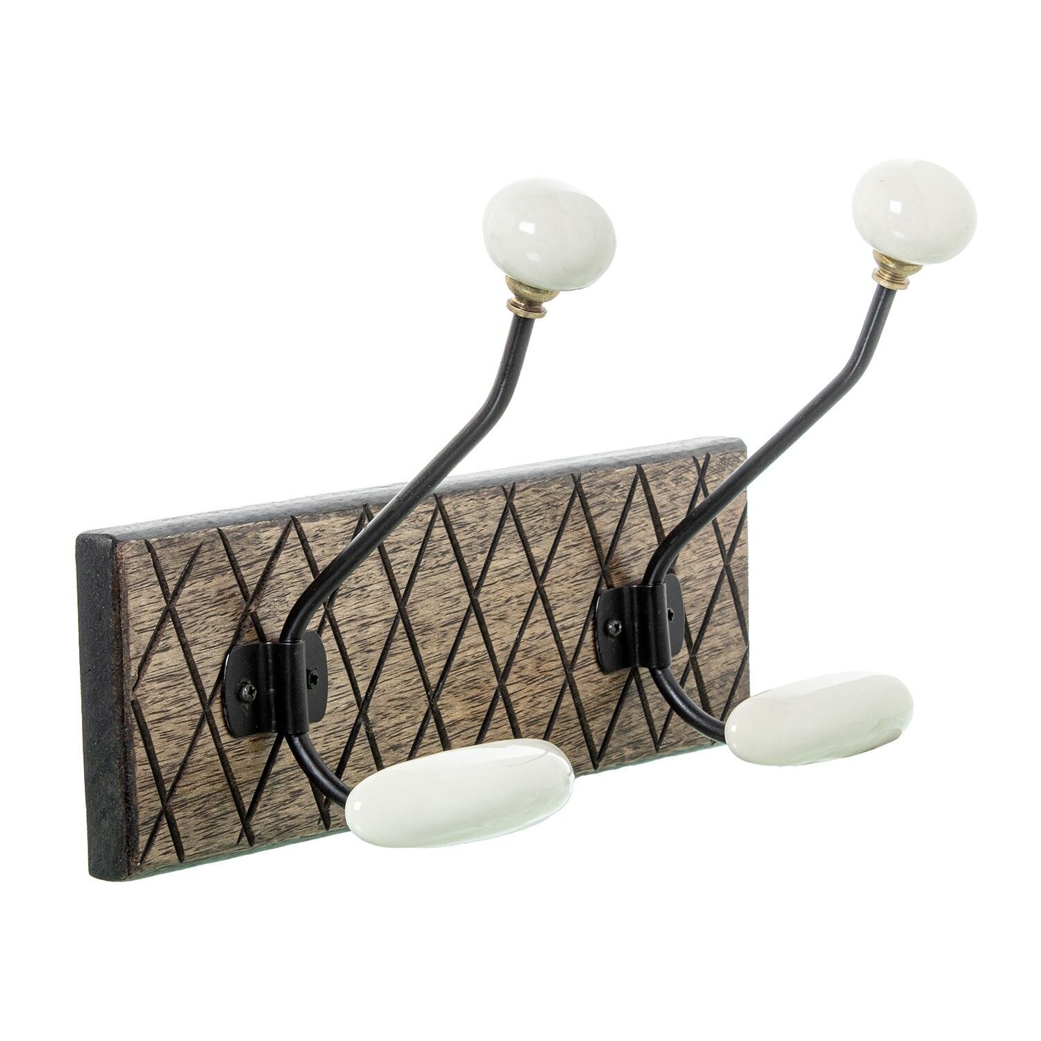 Wandgarderobe aus Mangoholz mit 2 Haken aus Eisen und Keramik, 28x14x19cm ST39817