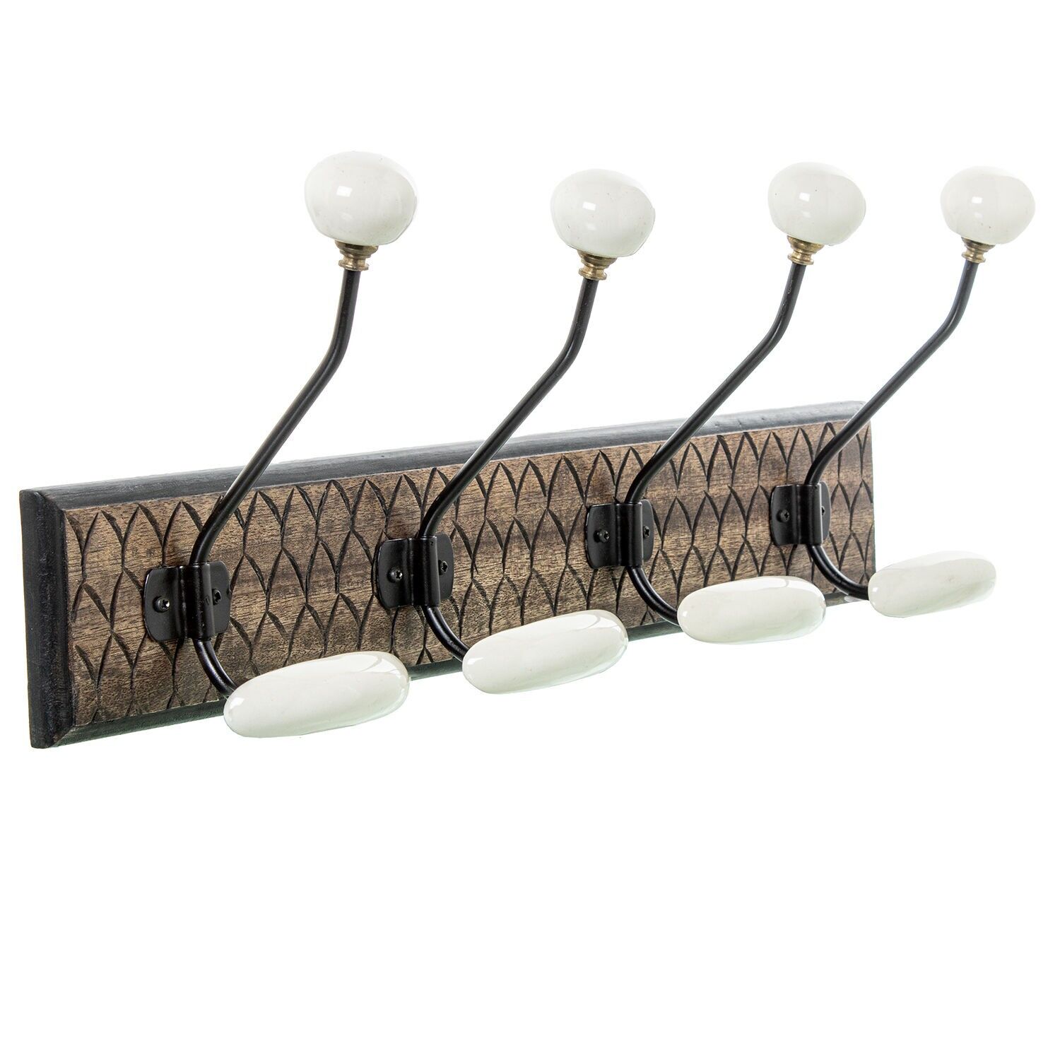 Wandgarderobe aus Mangoholz mit 4 Haken aus Eisen und Keramik, 48 x 14 x 19 cm ST39820