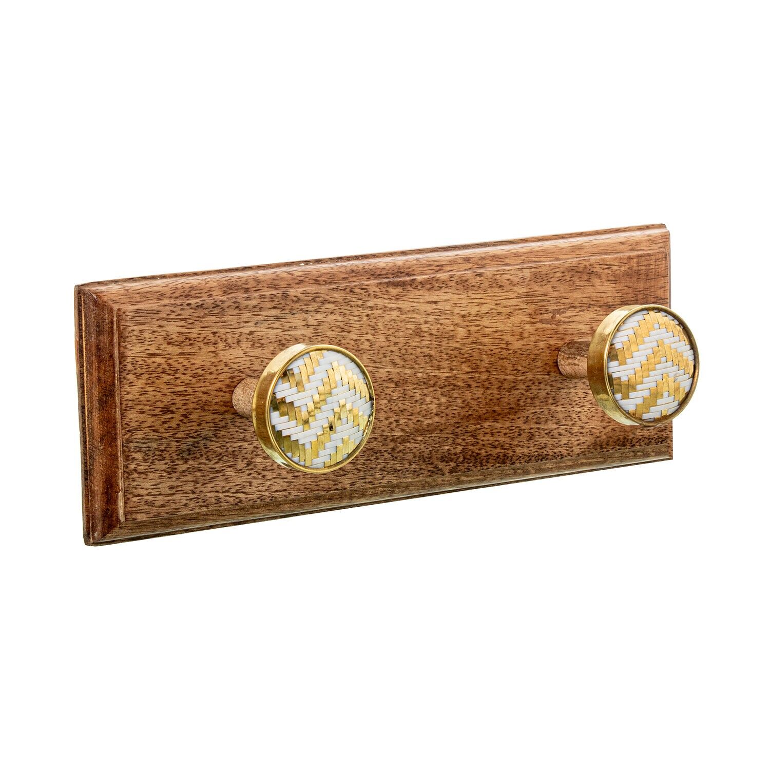 Wandgarderobe aus Mangoholz mit 2 Messinghaken, 29x7x11cm ST39823