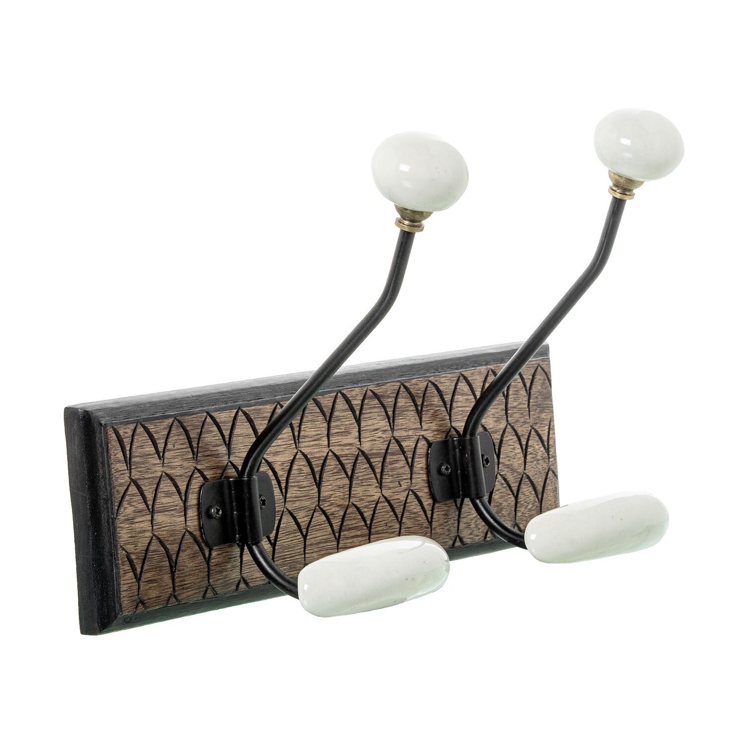 Wandgarderobe aus Mangoholz mit 2 Haken aus Eisen und Keramik, 28 x 14 x 19 cm ST39819