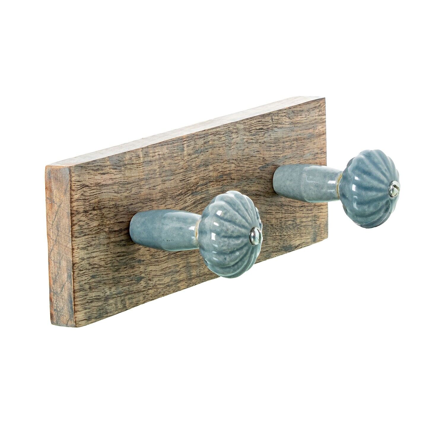 Wandgarderobe aus Mangoholz mit 2 Keramikhaken, 22,5 x 7,5 x 7,5 cm ST39827