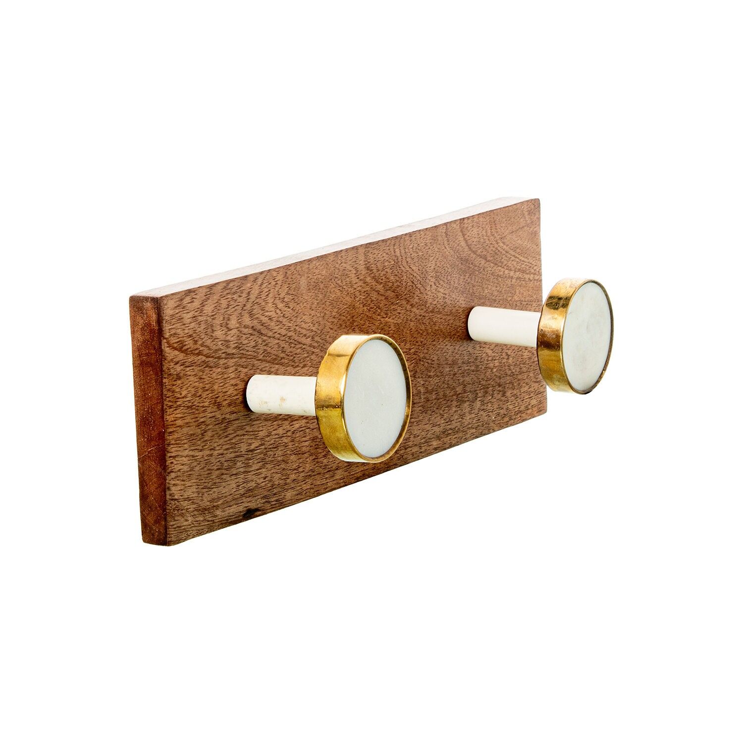 Perchero pared madera mango con 2 ganchos marmol, laton, resina 28x7x10cm ST39821