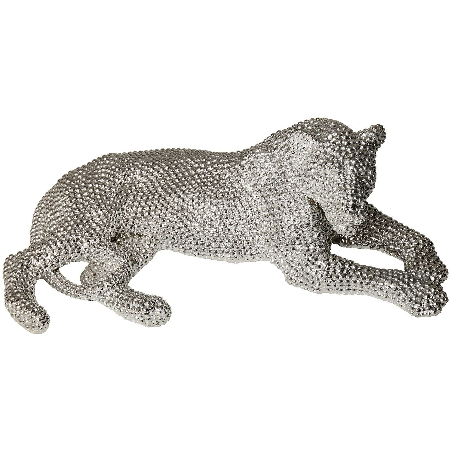 Löwenfigur aus silberfarbenem Granulatharz, 33 x 20 x 12 cm, ST45594