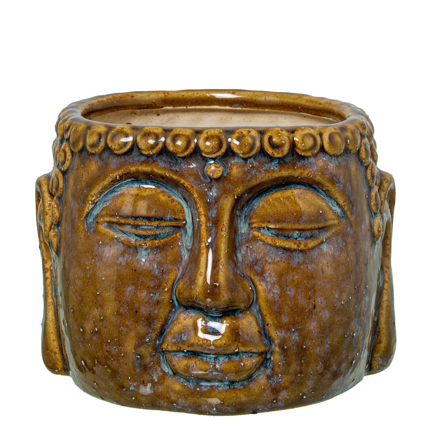 Brauner, lackierter Keramik-Blumentopf mit Buddha-Gesicht, 15 x 14 x 11 cm ST50620