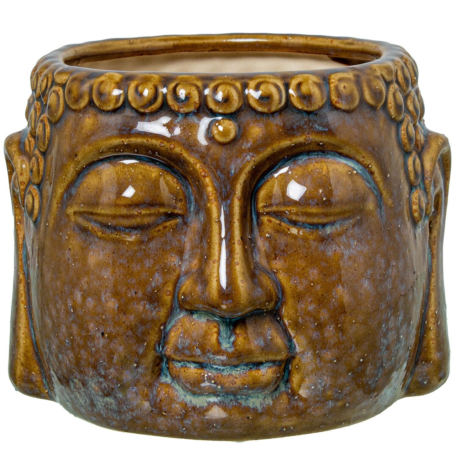 Brauner, lackierter Keramik-Blumentopf mit Buddha-Gesicht, 18 x 17 x 13 cm ST50619
