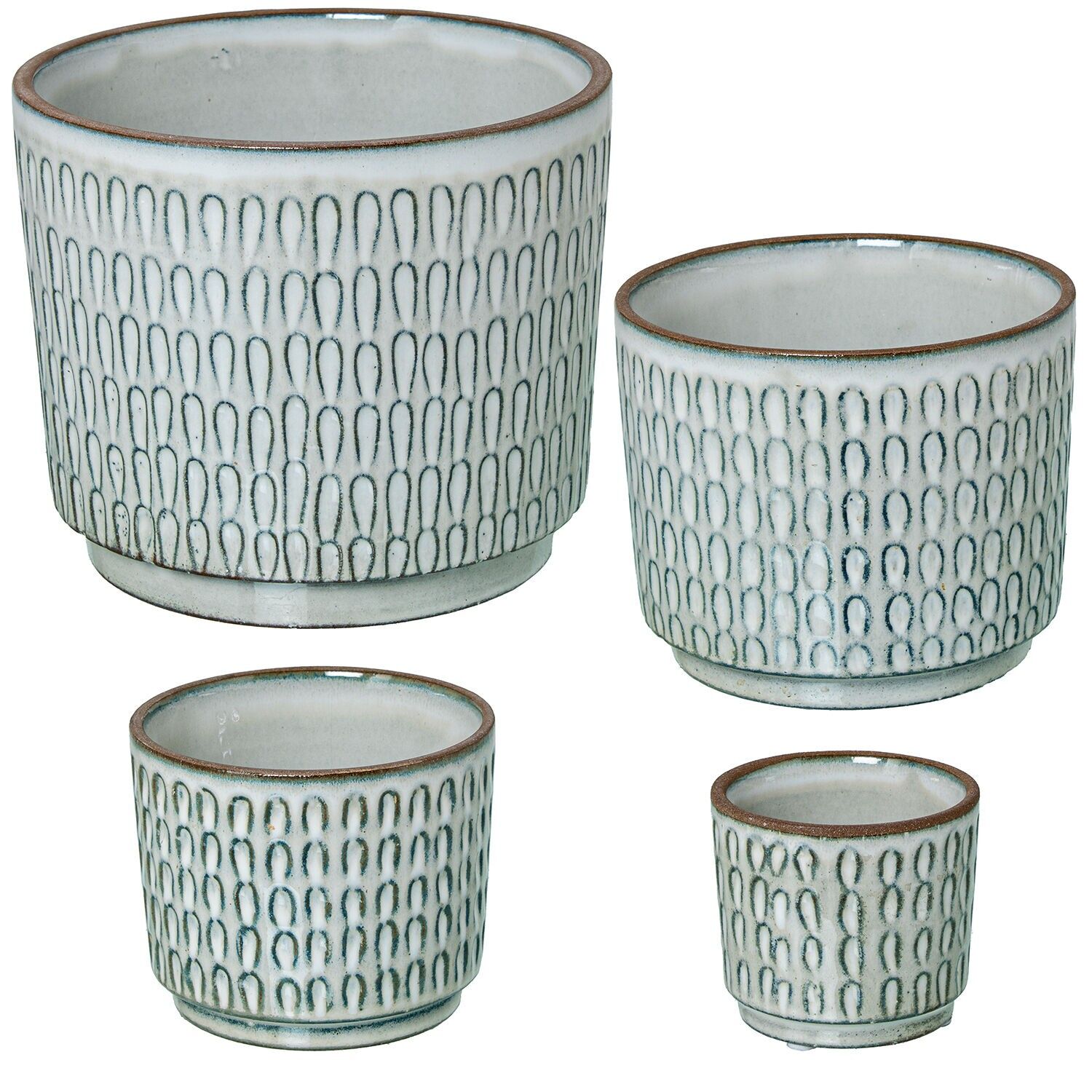Set aus 4 weißen, lackierten Keramik-Blumentöpfen mit gelappter Verzierung, 18x15, 14x12, 11x9 und 8x7 cm ST50631