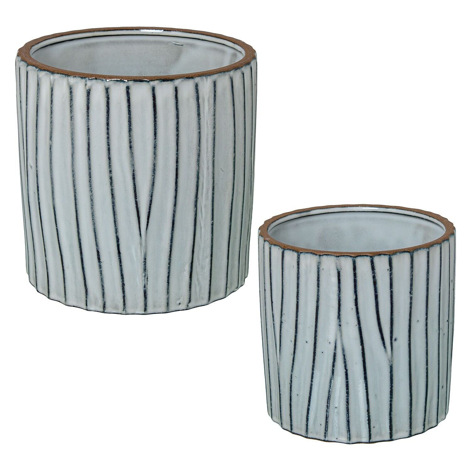 Set aus 2 weißen, lackierten Keramik-Pflanzgefäßen mit Streifen, 18x18 und 15x15 cm, ST50633
