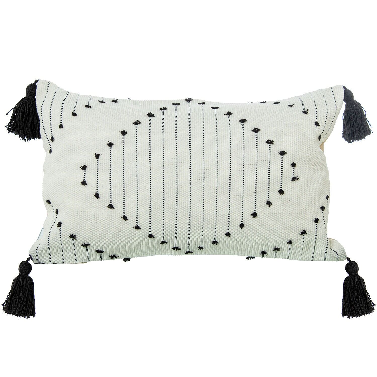 Kissen 50x30cm weiß, schwarz 100% Baumwolle mit Quasten 50x30cm, mit Reißverschluss ST50684