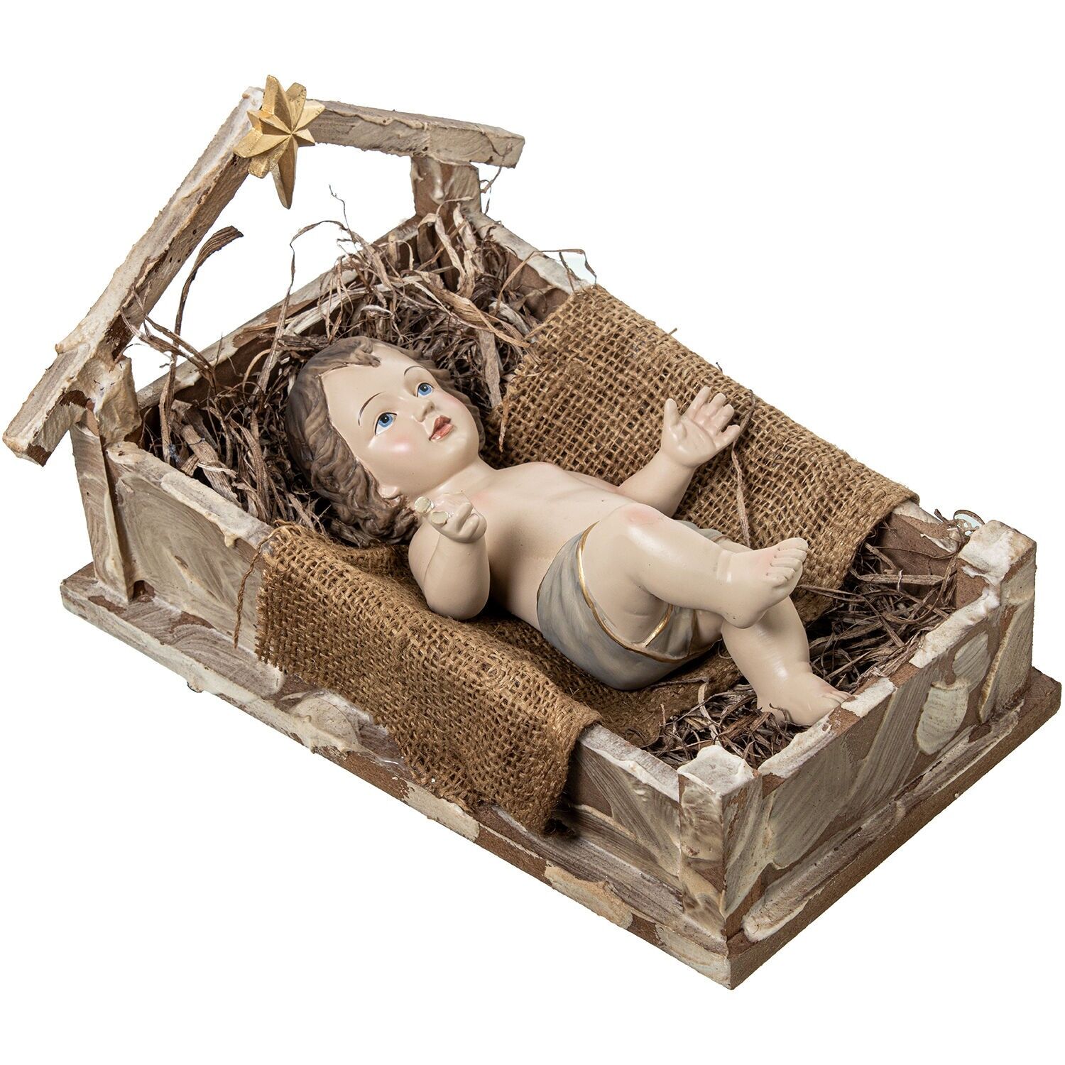 Kunstharzfigur des Jesuskindes in der Krippe, 31 cm x 31 cm, ST50757