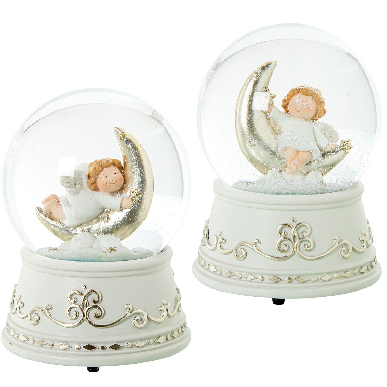 Musikalische Schneekugel mit Engelsfigur aus Kunstharz auf dem Mond, 10 x 15 cm, Aufziehmechanismus ST50766