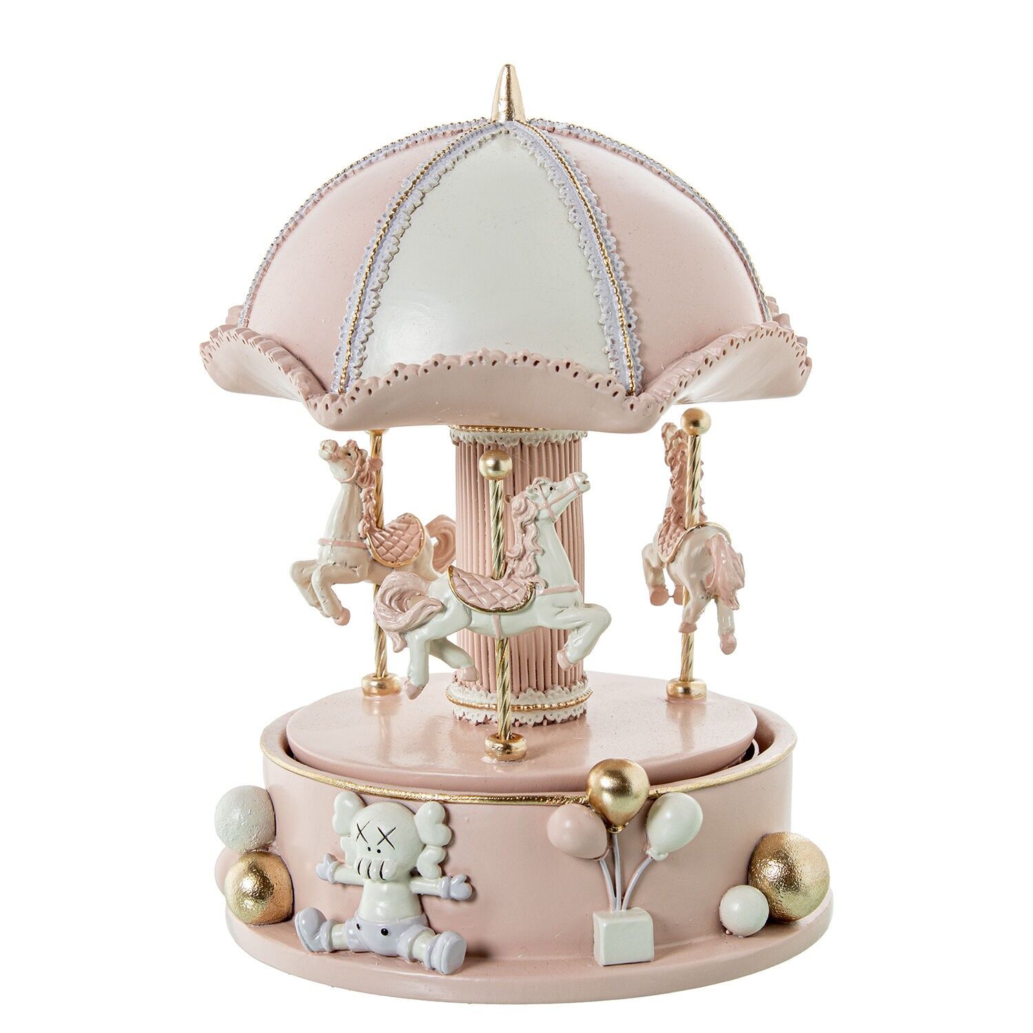 Kunstharzfigur eines weiß-rosa Musikkarussells, 12 x 17 cm, Aufziehmechanismus ST50770