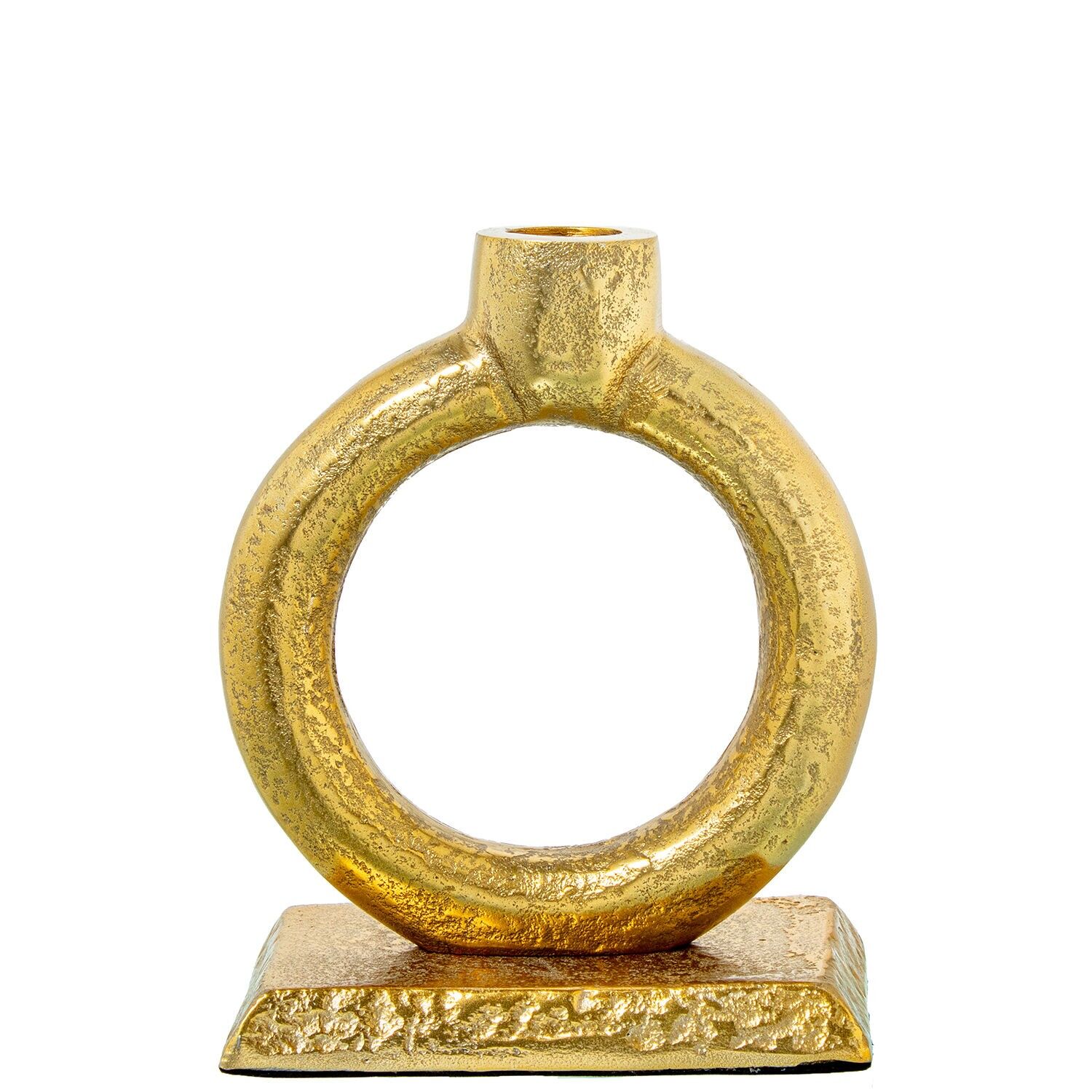 Goldener Aluminium-Kerzenständer mit Ring, 14 x 8 x 16 cm, für 2 cm Kerzen, ST53056