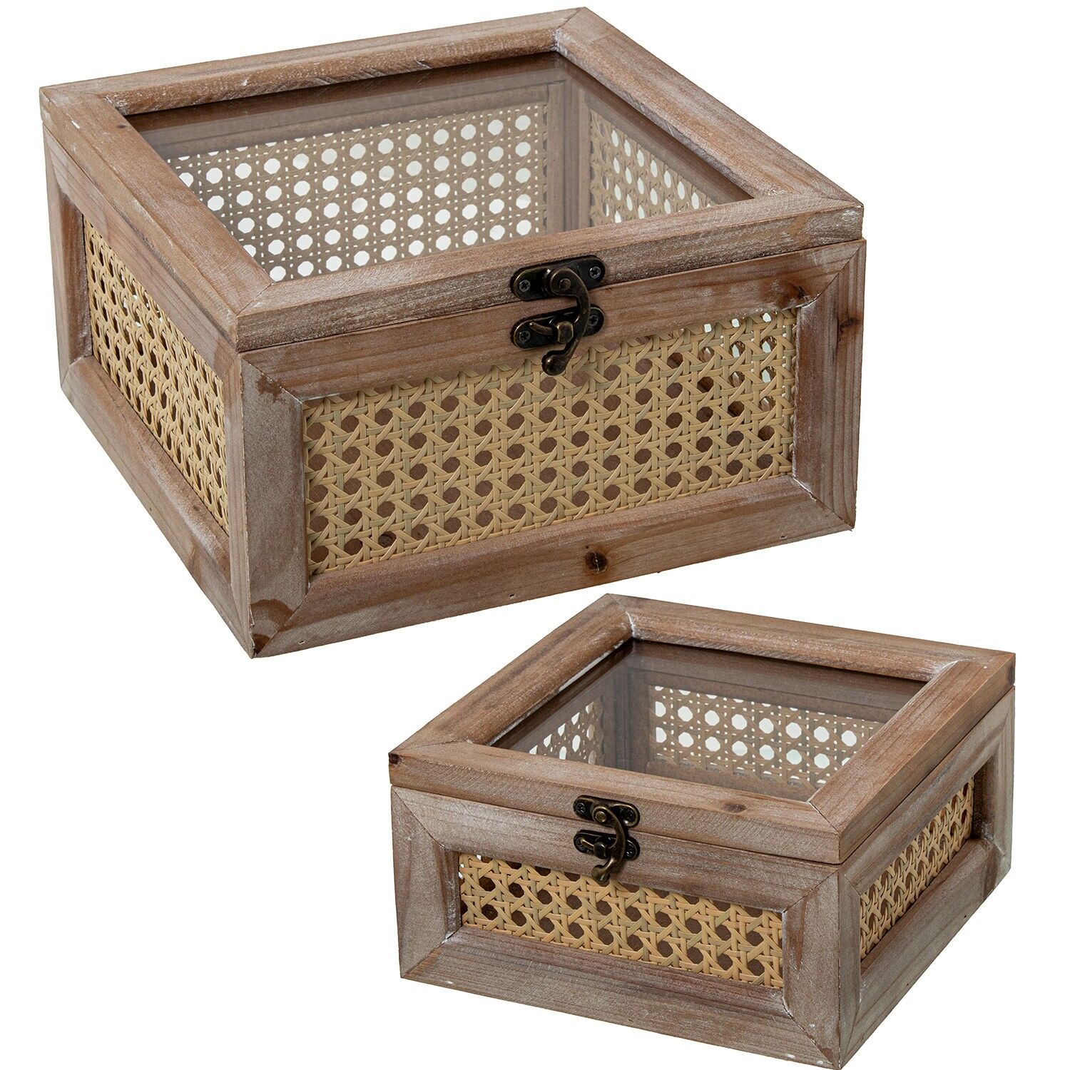 Set aus 2 Holzkisten, Naturweide mit Glasdeckel, 19x19x10 und 25x25x14cm ST53238