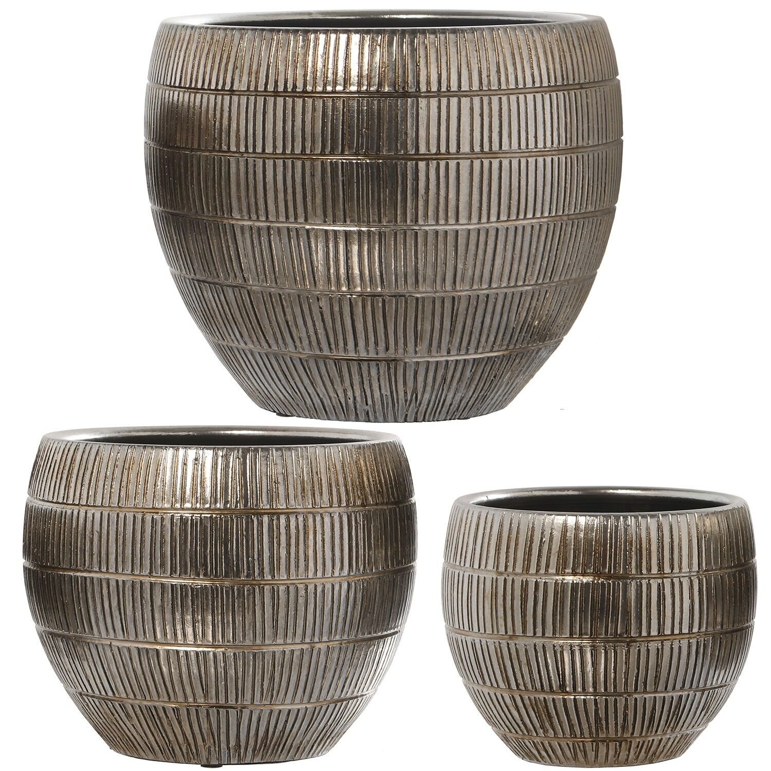 Set aus 3 silbernen Keramik-Blumentöpfen 20x18cm, 25x23cm und 30x28cm ST59554