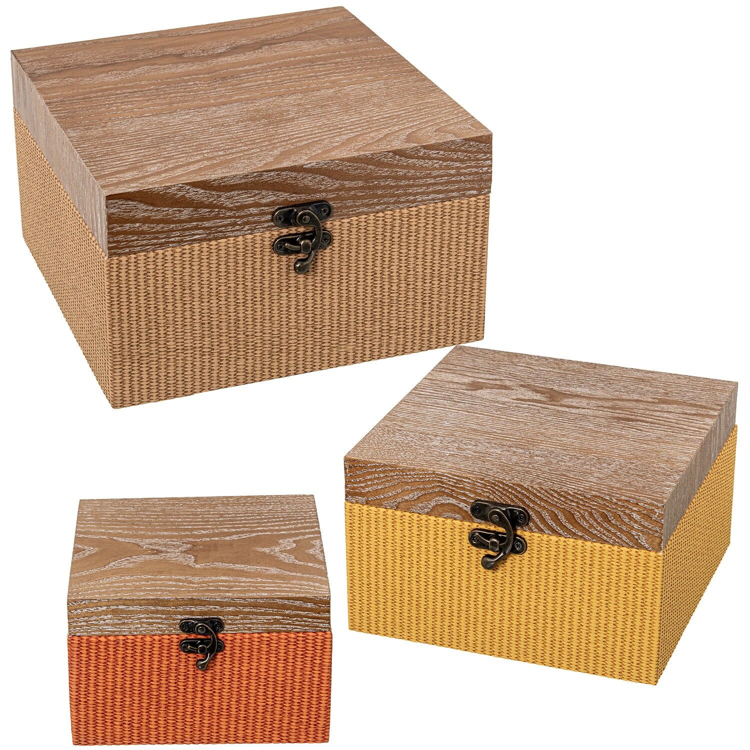 Set of 3 wooden decorative boxes, wicker, brown, orange, yellow, 16x16x10, 20x20x12, and 24x24x14cm ST53230
