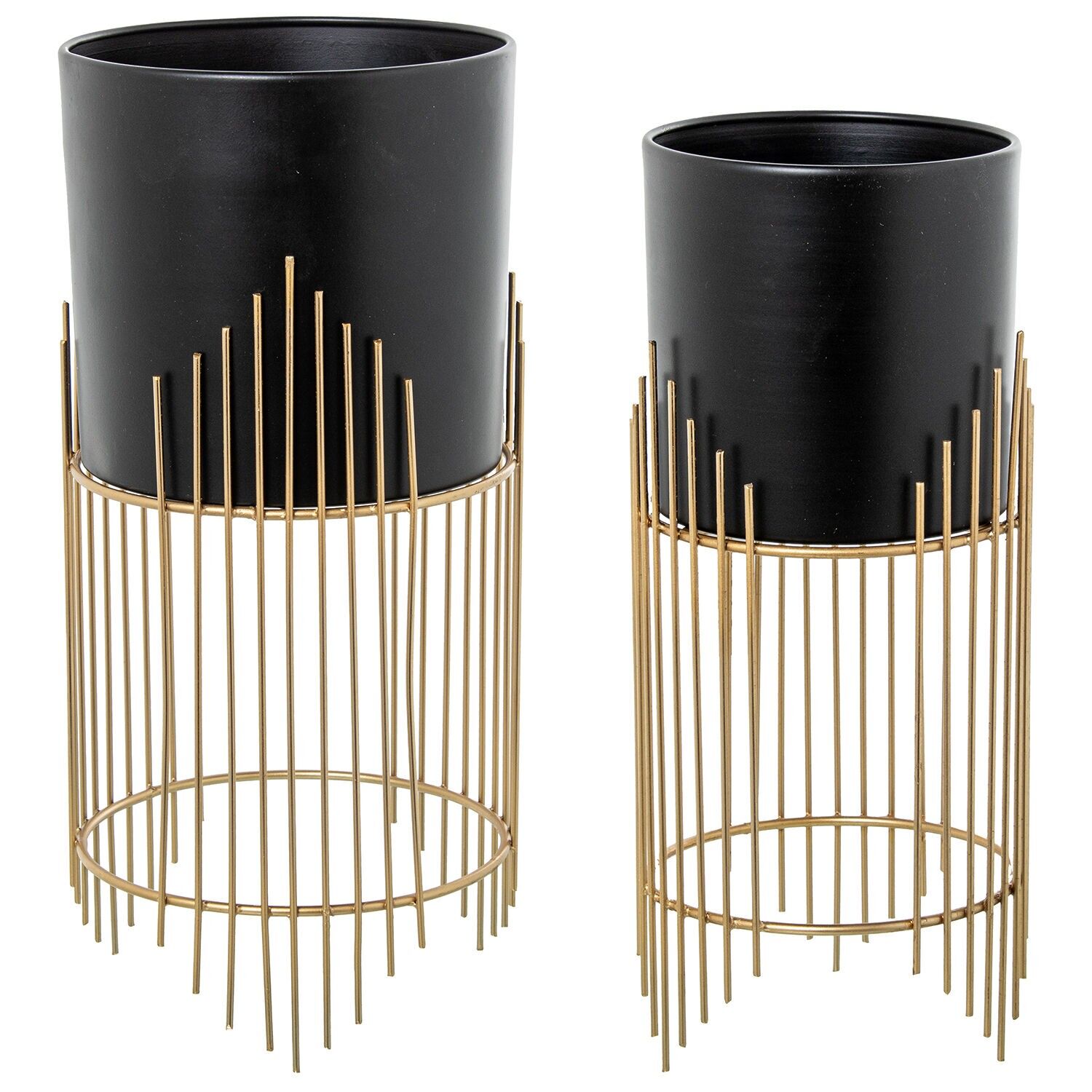 Set aus 2 schwarzen Metallpflanzgefäßen mit goldenem Sockel, 20x43cm und 15x39cm ST61224