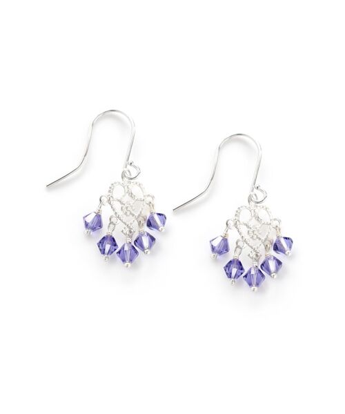 Silver heart filigree earrings with tanzanite crystals