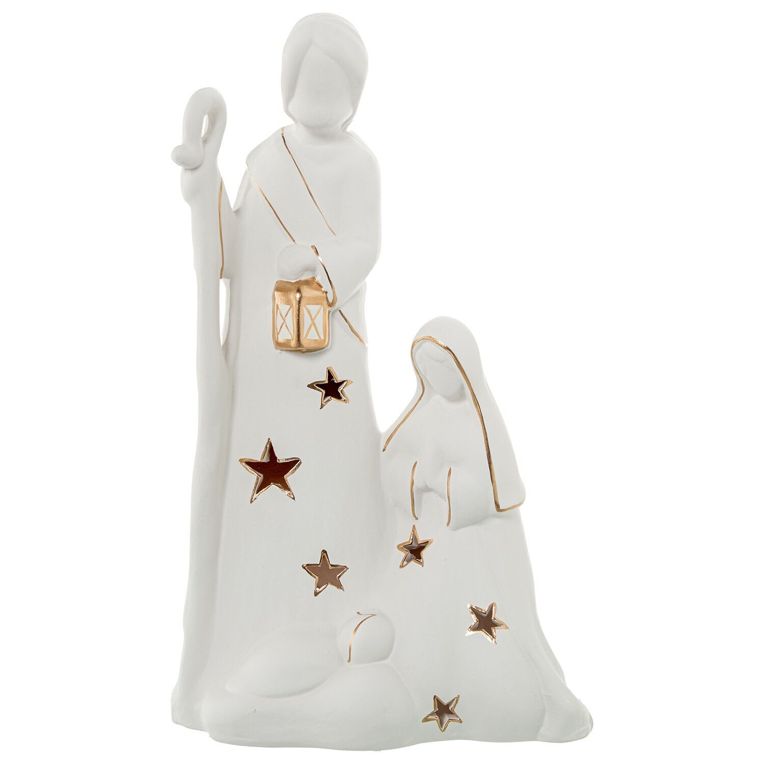 Weißer Keramik-Krippenkerzenhalter mit Figur, goldfarben, 23 x 12 x 39 cm, ST61792