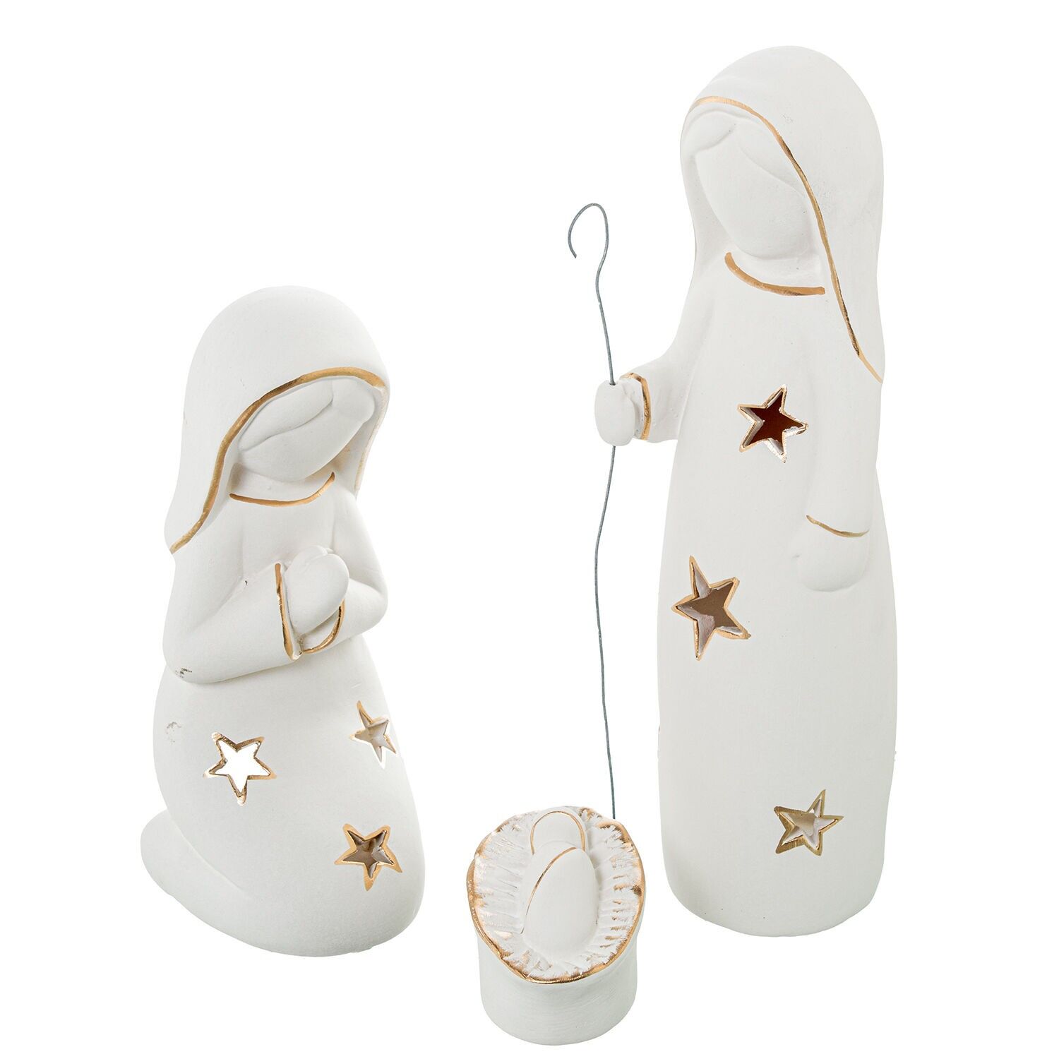 Set aus 3 Keramik-Krippenkerzenhaltern, weiß, gold, d18x9, 9x10x22 und 8x6x6cm ST61802