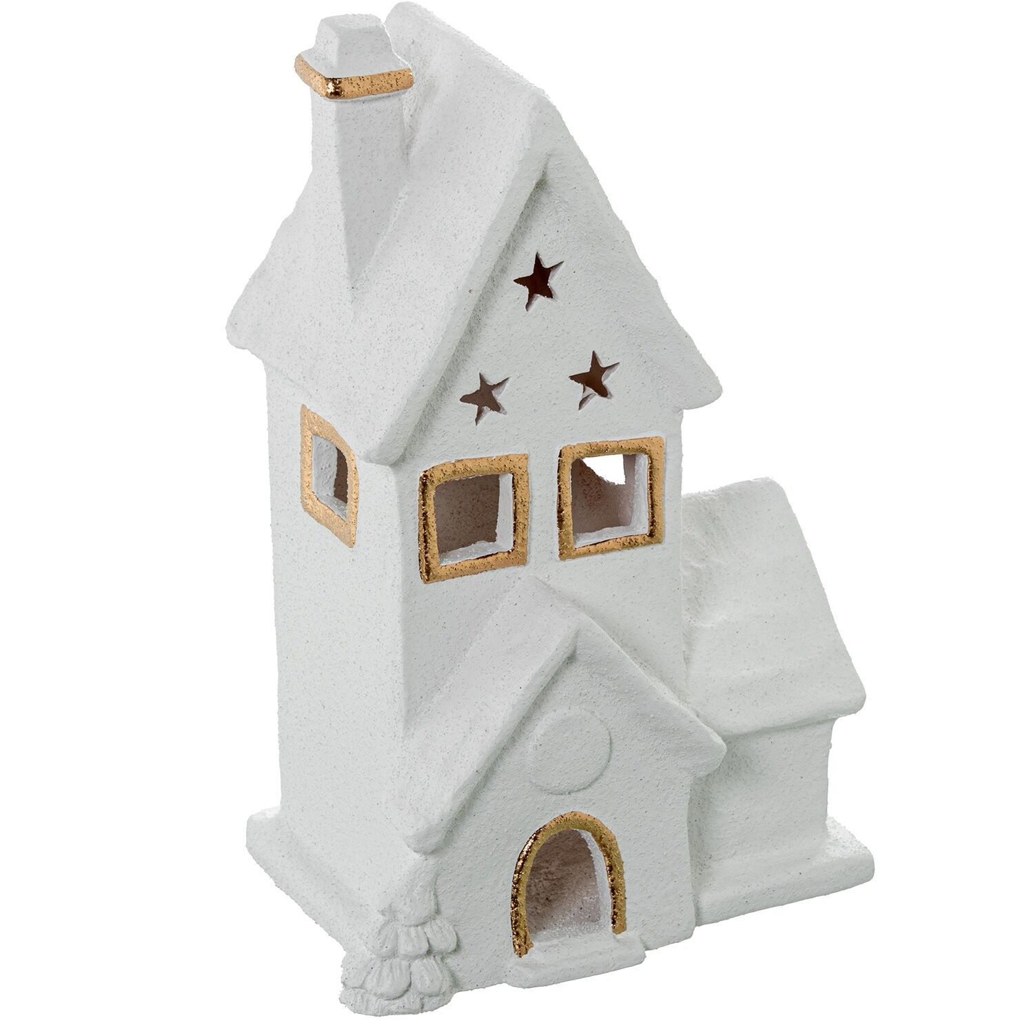Keramik-Kerzenhalterfigur „Weißes Haus“, goldfarben, 20 x 15 x 32 cm, ST61815