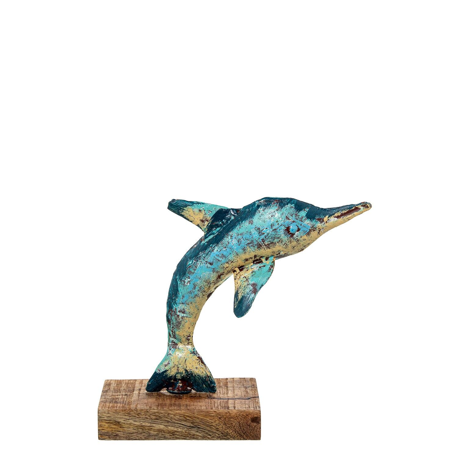 Delfinfigur aus Eisen, 23 cm, mit Holzsockel, 27 x 10 x 23 cm, ST61863