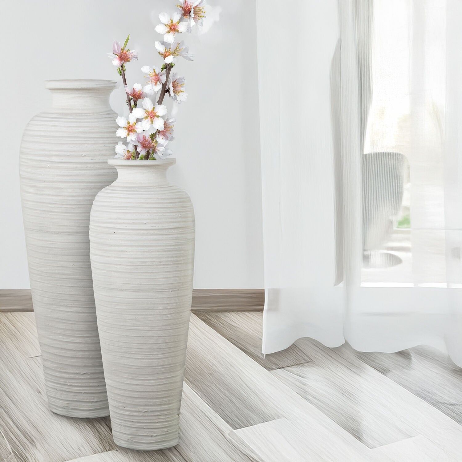 Keramikvase 80 cm, gewellt, mattweiß, 27 x 80 cm, ST61877