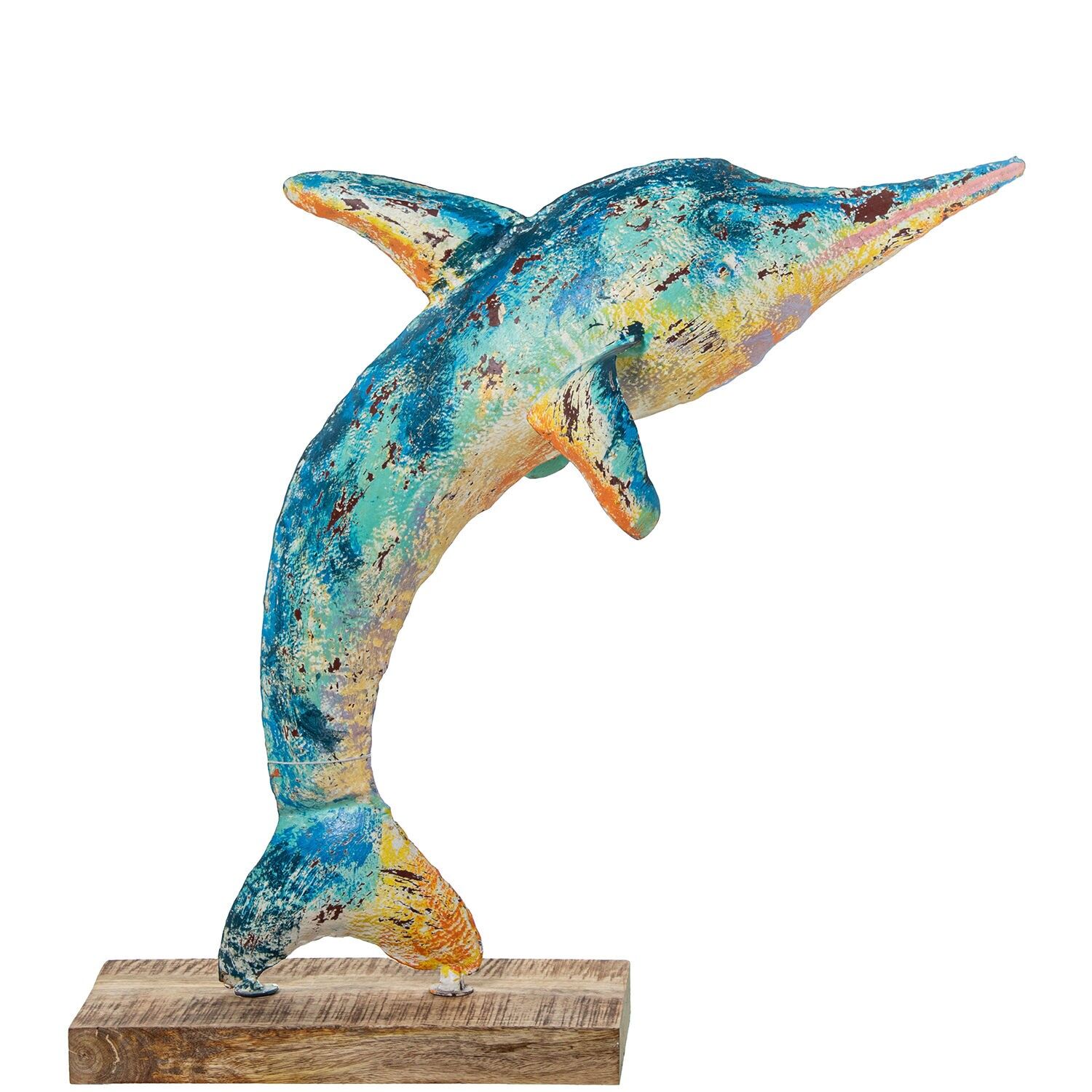 Delfinfigur aus Eisen, 74 cm, mit Holzsockel, 76 x 43 x 74 cm, ST61865