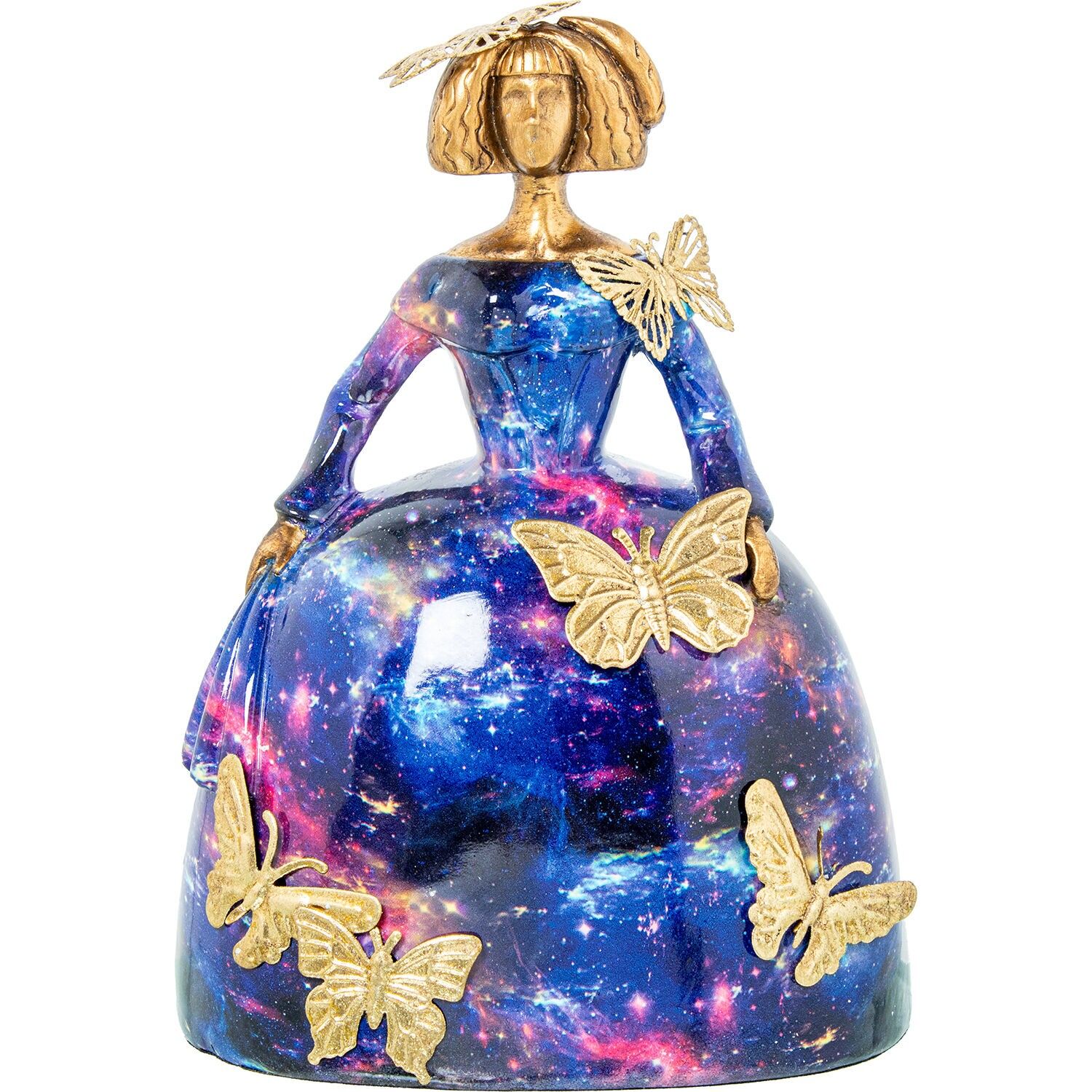 Kunstharzfigur eines Mädchens in nachtblauen Farben mit goldenen Schmetterlingen, 19 x 16 x 26 cm, ST61959