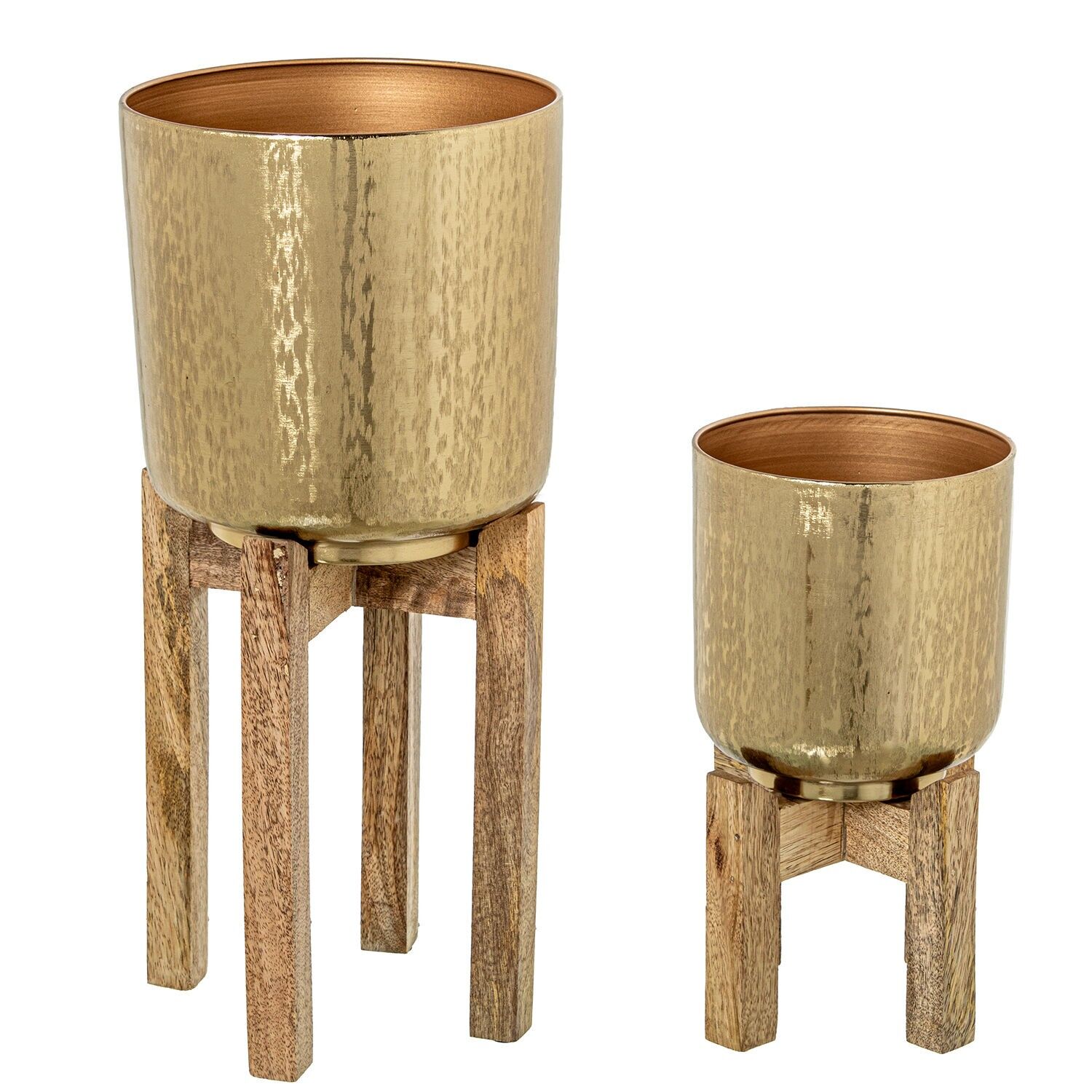 Set aus 2 goldenen Metall-Pflanzgefäßen mit Holzbeinen, 23 x 44 cm, 18 x 28 cm ST62399